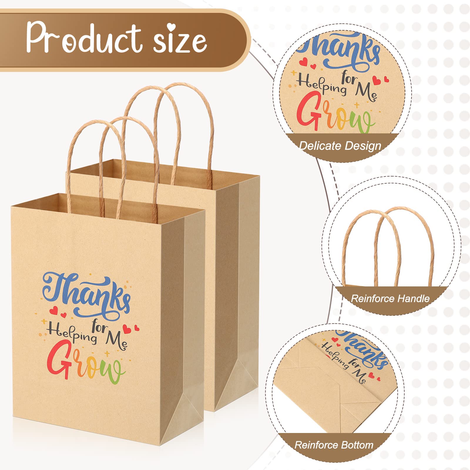 PerKoop 36 Pcs Teacher Appreciation Gift Paper Bag with Handles, Thank You Teacher Treat Present Bags for Teacher Appreciation Week, Birthday, Christmas Supplies(Kraft)
