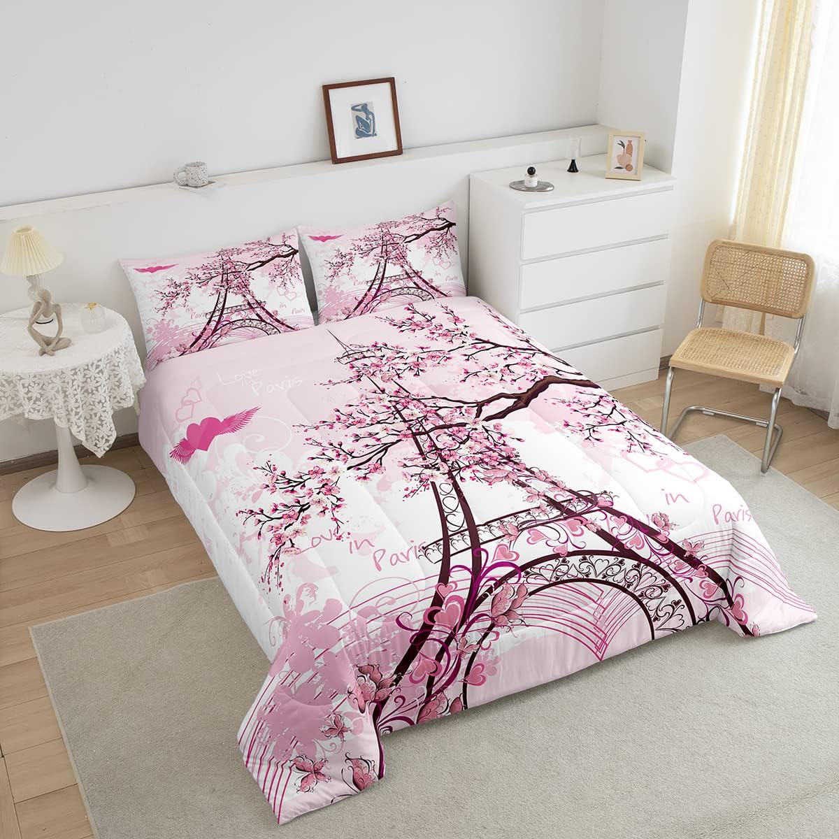 Feelyou Eiffel Tower Bedding Set Paris Decor Pink Comforter Set Full Romantic Cherry Blossom Branches Comforter for Boys Girls Teens Modern French Quilt Paris Themed Room 3Pcs Boys