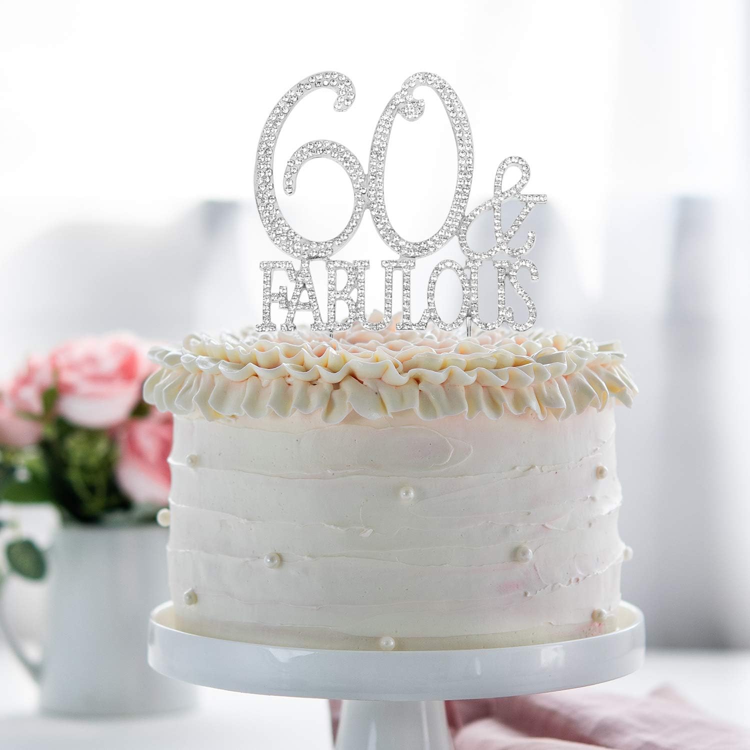 60 & Fabulous Cake Topper 60 Years Birthday Or 60th Wedding Anniversary Silver Crystal Rhinestone Party Decoration