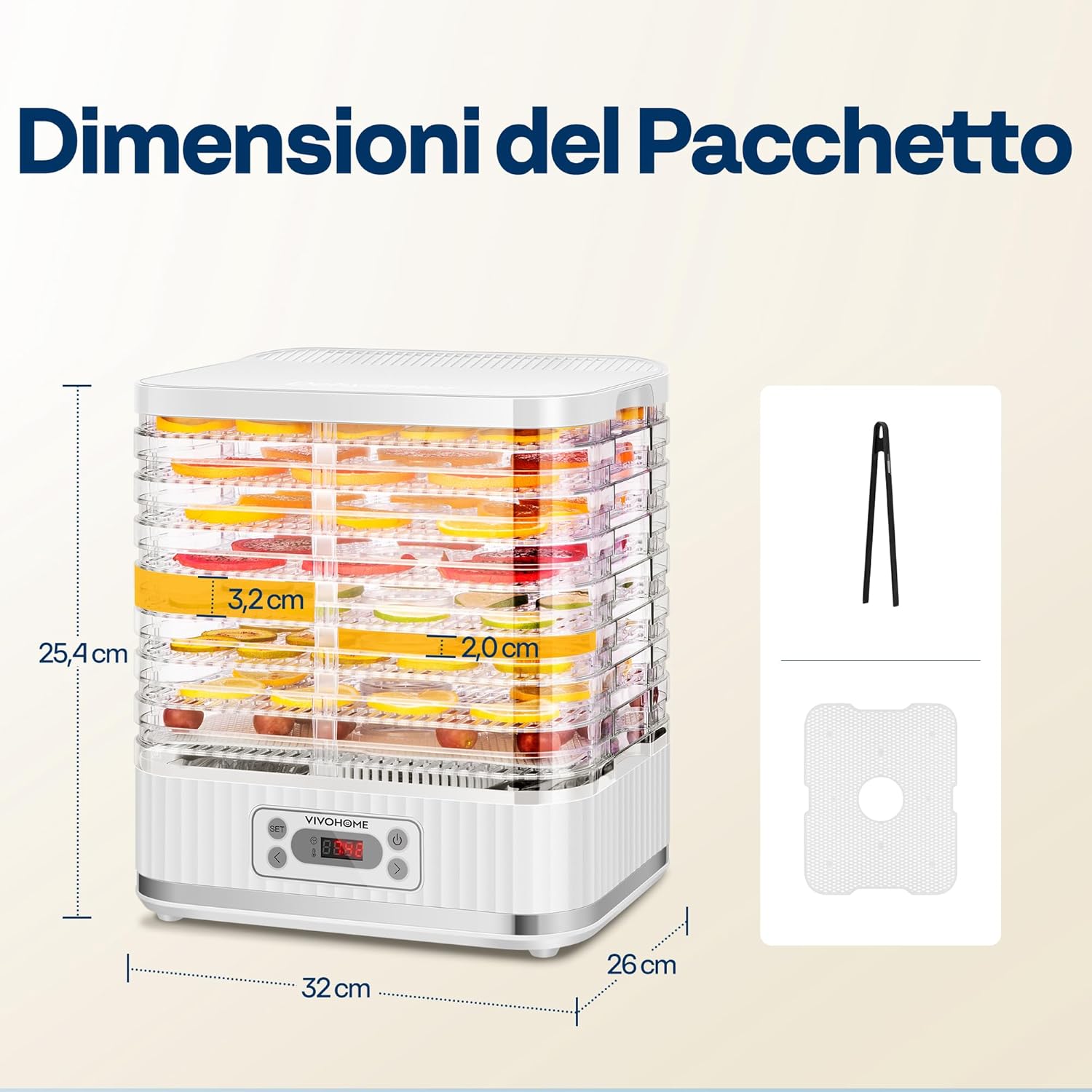 Diagram showing the dimensions of the VIVOHOME Electric Food Dehydrator and included accessories