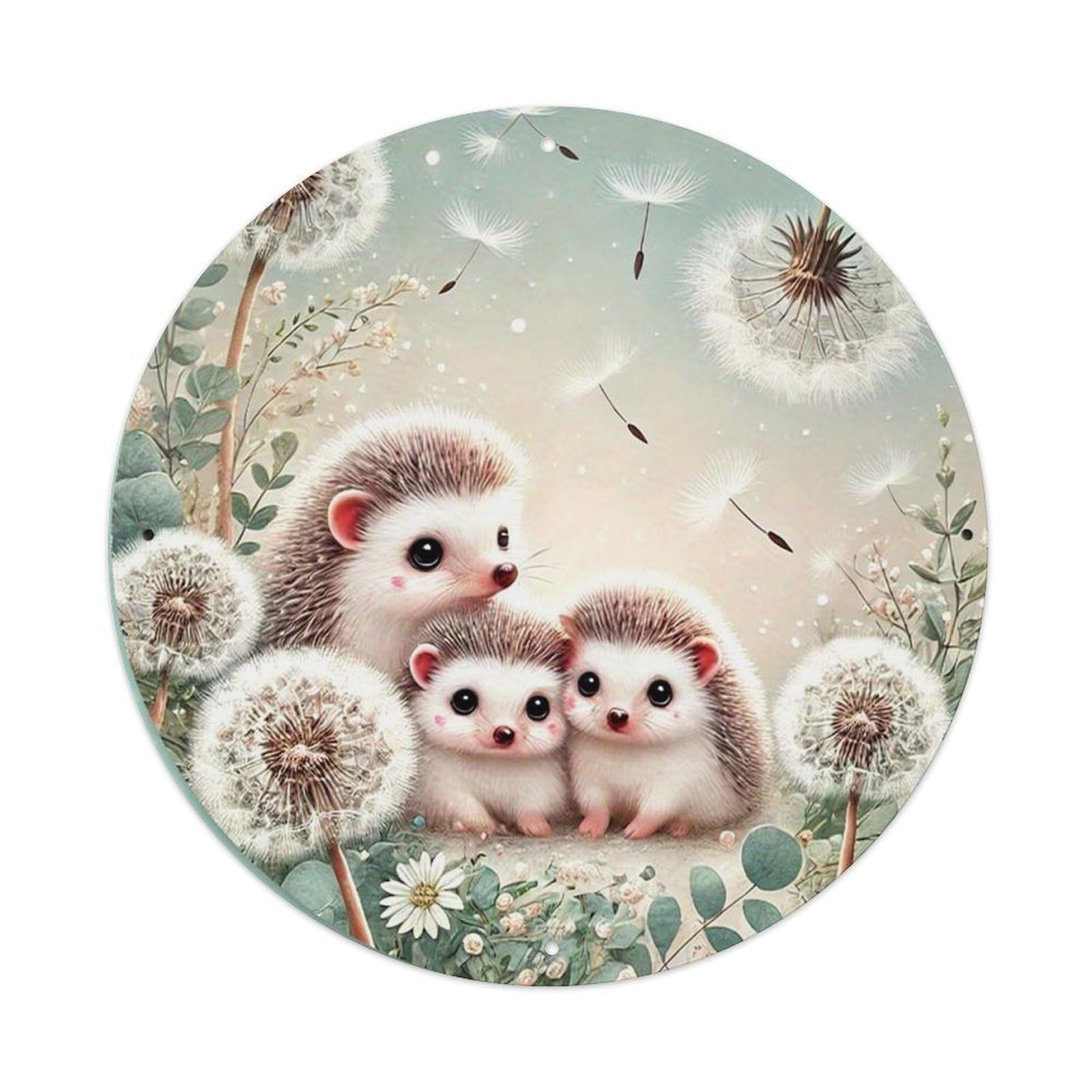 Cute Hedgehogs Dandelion Garden Tin Sign Metal Poster Vintage Metal Signs for Home Man Cave Bar Cafe Kitchen laundry room Wall Decorations Gift 8x8Inch