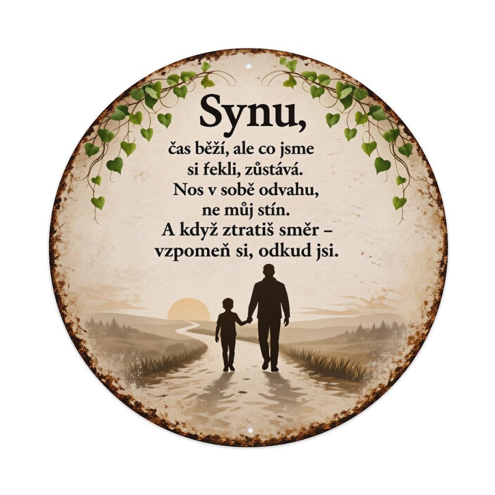 Father And Son Walking Path Sunset Round Tin Sign Vintage Metal Poster, Home Bar Garage Man Cave Cafe Indoor & Outdoor Wall Decoration 8x8Inches