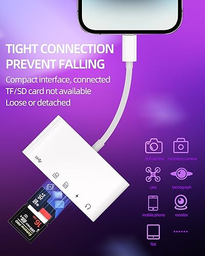 Miniatura 4 de Lightning - Lector de tarjetas micro SD USB SD de 0.138 in para iPhone (5 en 1) adaptador de auriculares cargador OTG AUX cámara memoria TF Dongle