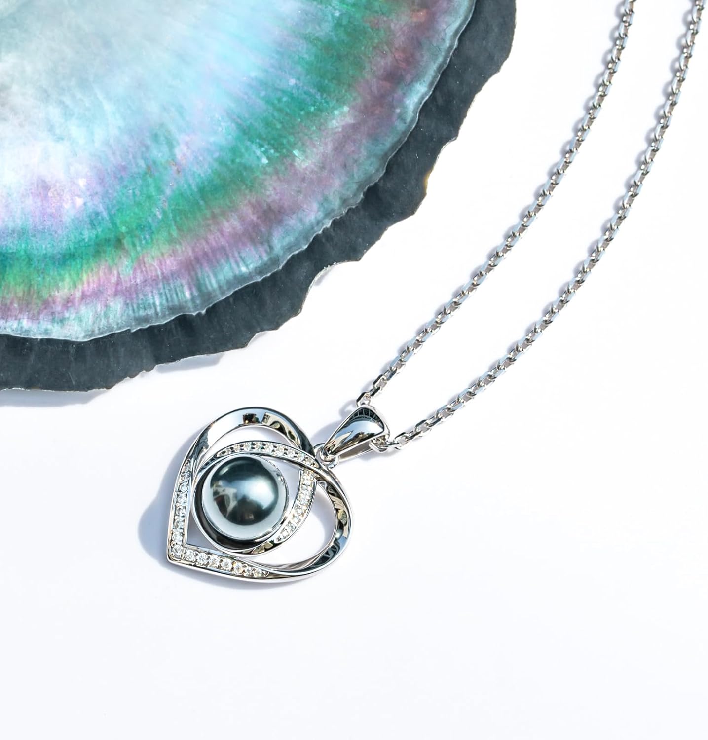 Genuine Tahitian Black Pearl with Moissanite Heart Pendant Necklace, AAA Handselected Black Pearls, D Color Moissanite, 18K White Gold Plated Sterling Silver, 45+2+3mm Adjustable Chain - Image 4