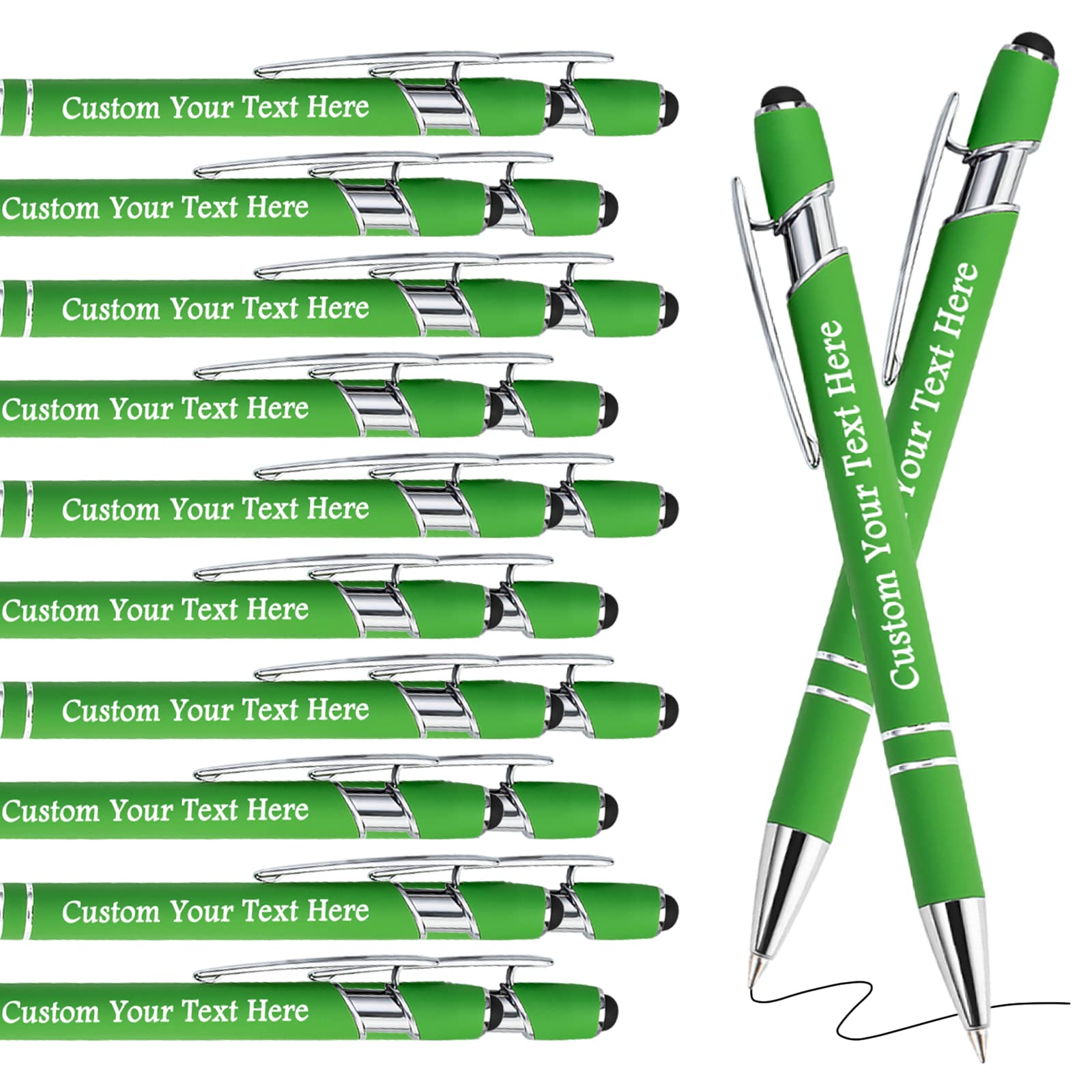 Personalised Pens Bulk Custom Pens with Logo Name 20 Pack Free Engraved Stylus Ballpoint Pens Customised Retractable Pen Message Text Gift for Men Women Black Ink Business Graduation Light Green