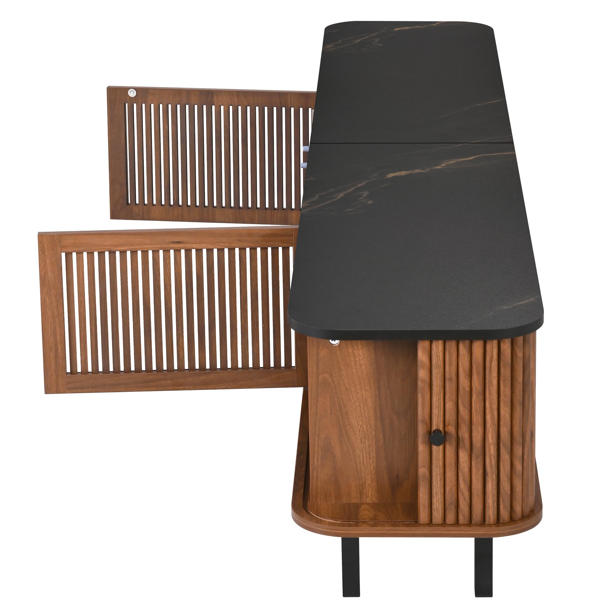 Moimhear Mueble de TV moderno, soporte de TV, panel de TV, armario de TV bajo, dos puertas correderas, dos puertas de rejilla, diseño único (nogal)