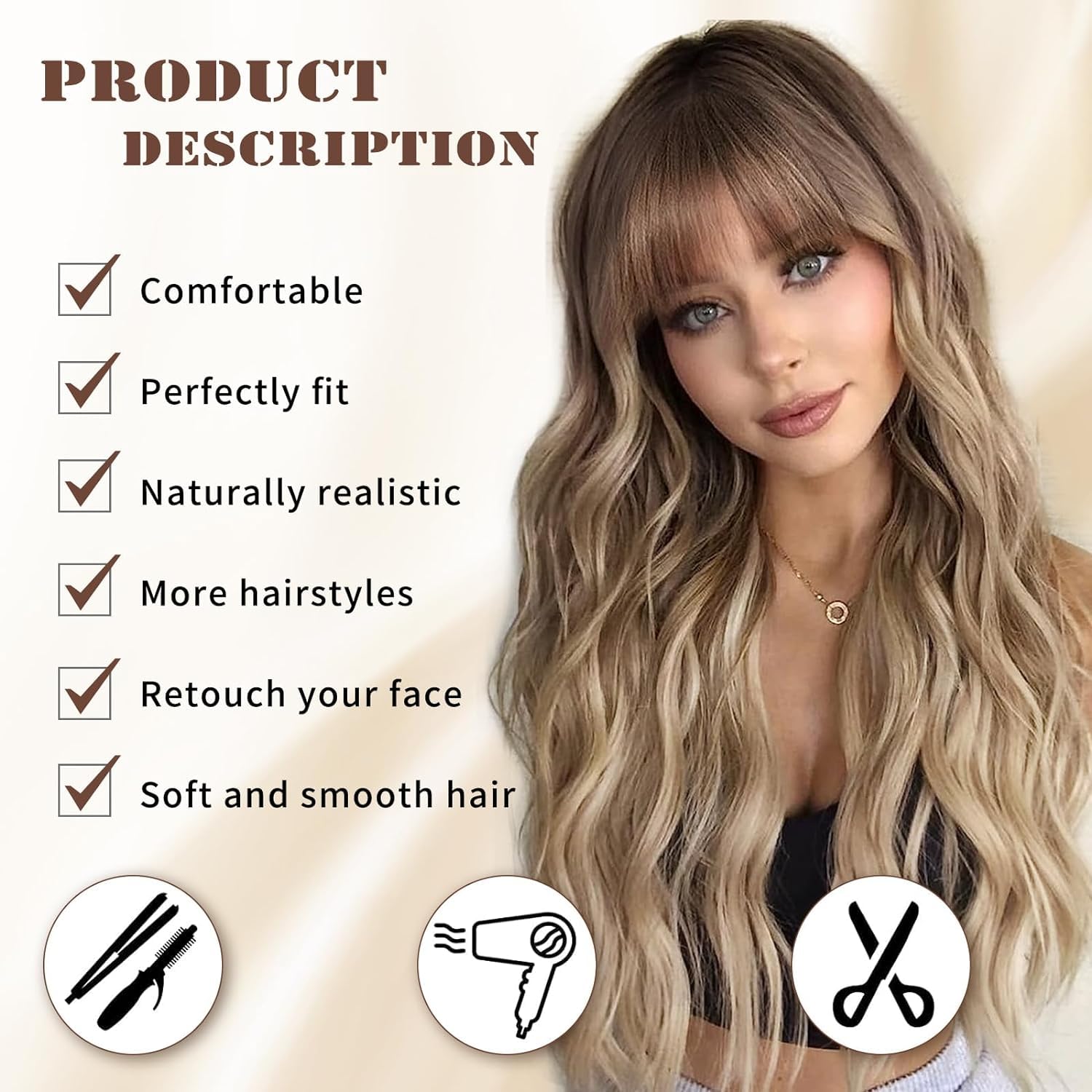 PORSMEER Long Wavy Curly Ombre Blonde Wig with Fringe for Women Natural Synthetic Hair Heat Resistant Wigs for Ladies Daily or Party Cosplay Wear-26 Inches - Image 2