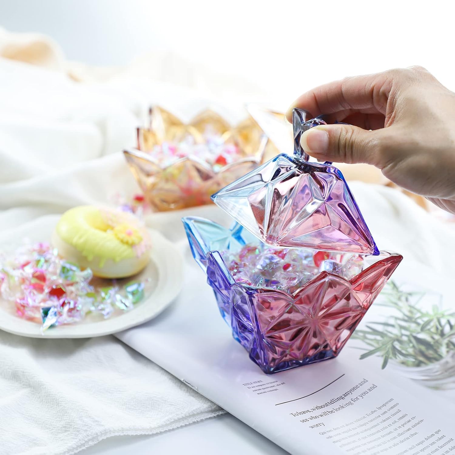 SOCOSY Royal Embossed Clear Glass Apothecary Jar With Lids, Candy Jar Containers Wedding Candy Buffet Jars Crystal Jewelry Box Food Jar 7oz (Purple) image 5