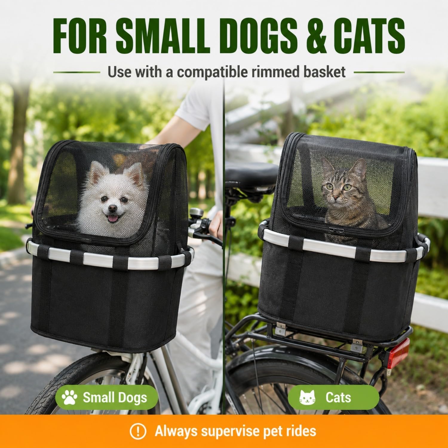 ANZOME Bike Basket Cover for Dogs and Cats, Fits Rectangular Metal or Wire Baskets up to 13 x 10 in Top Opening, Mesh Pet Carrier Cover with 8 Hook and Loop Straps, Basket Not Included