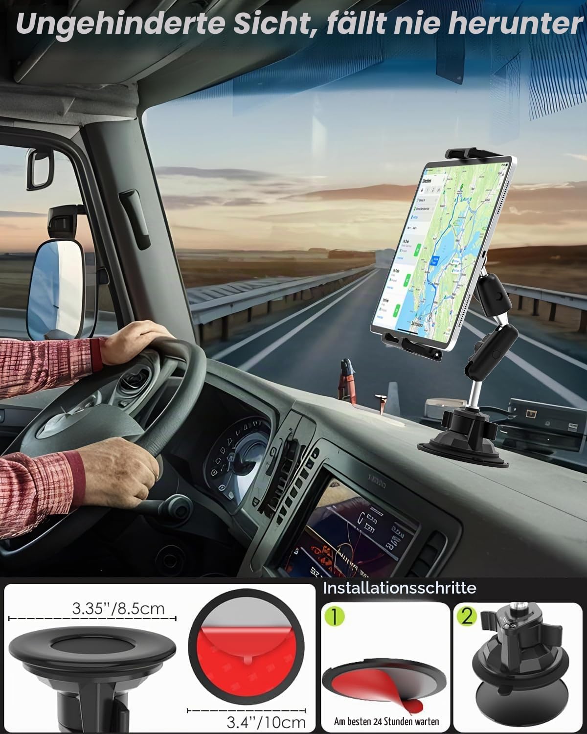 Aluminium LKW Windschutzscheibe Tablet/Handy Halterung | No-Shake Design, Extra Starker Saugnapf, Passt Für Auto, iPad Pro, Air, Mini, Galaxy, iPhone, 6.1-15.6" Geräte