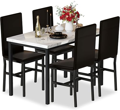 Miniatura 10 de Hooseng Juego de mesa de comedor para 4 mesas de cocina y sillas que ahorran espacio para 4 mesa de mármol sintético de estilo moderno y 4 sillas de