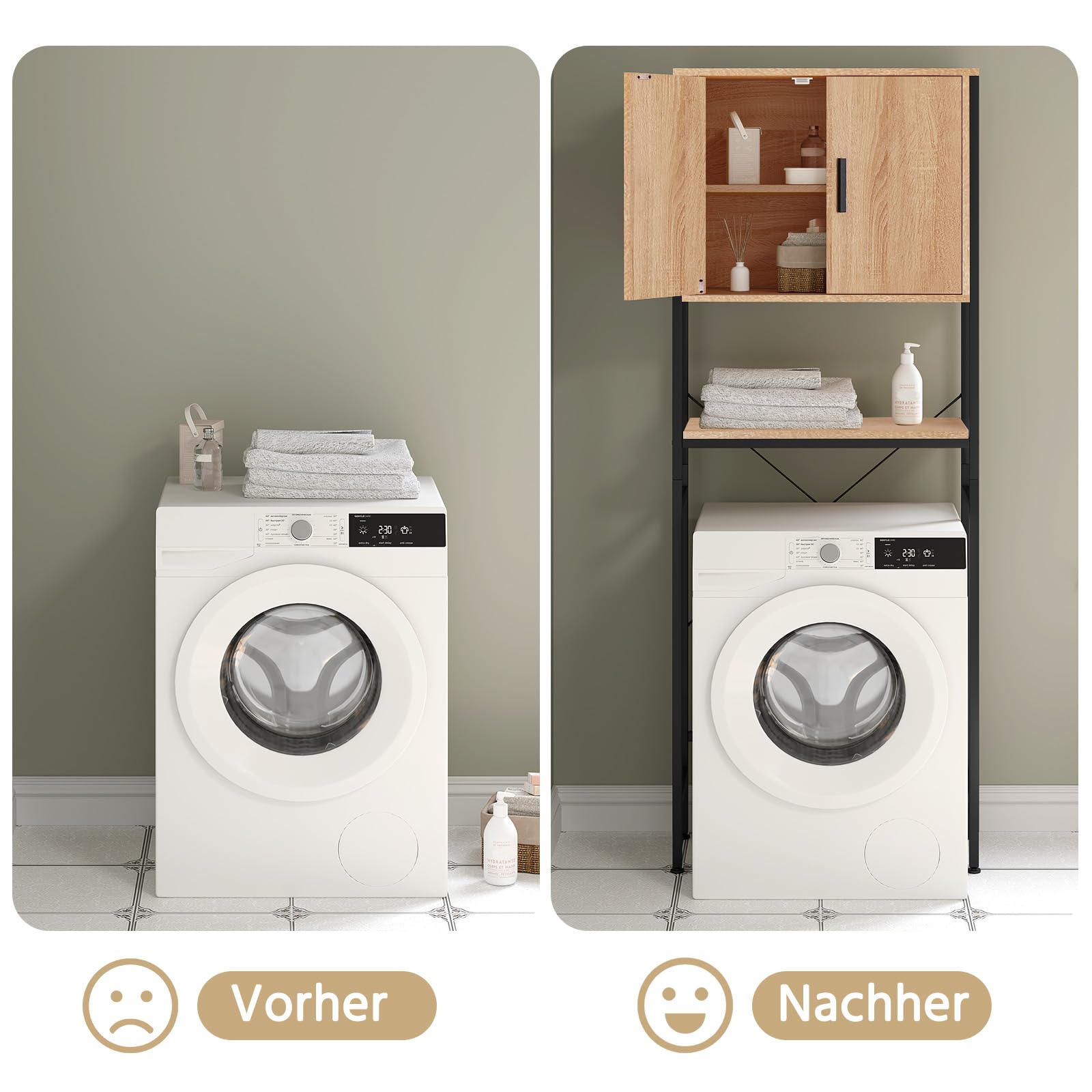 EUGAD Waschmaschinenschrank, Waschmaschinenregal Regal über Waschmaschine Toilette, Toilettenregal mit Schrank Verstellbarer Ablage, Badregal aus Holzwerkstoff Metall, 64,5x170x27 cm