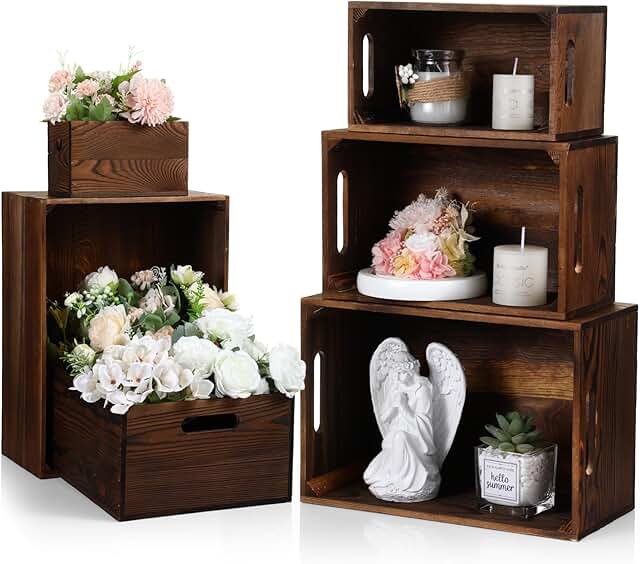 AceOrbit Set of 6 Wood Crates with Handles, Rustic Decorative Storage Bo...