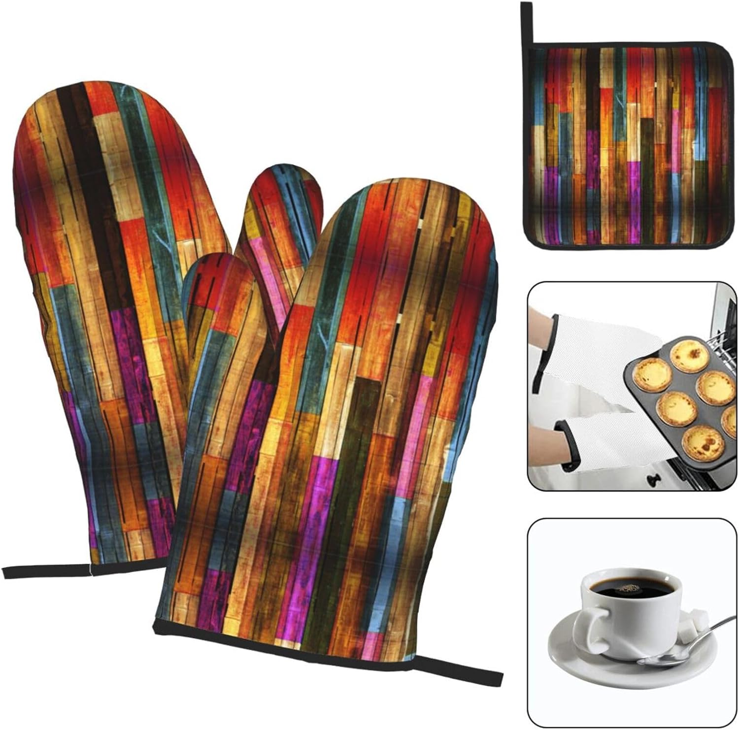 Colorful Painted Wood Print Heat Resistant Microwave Gloves, Used for Baking, Cooking, and Fashion Kitchen Essentials