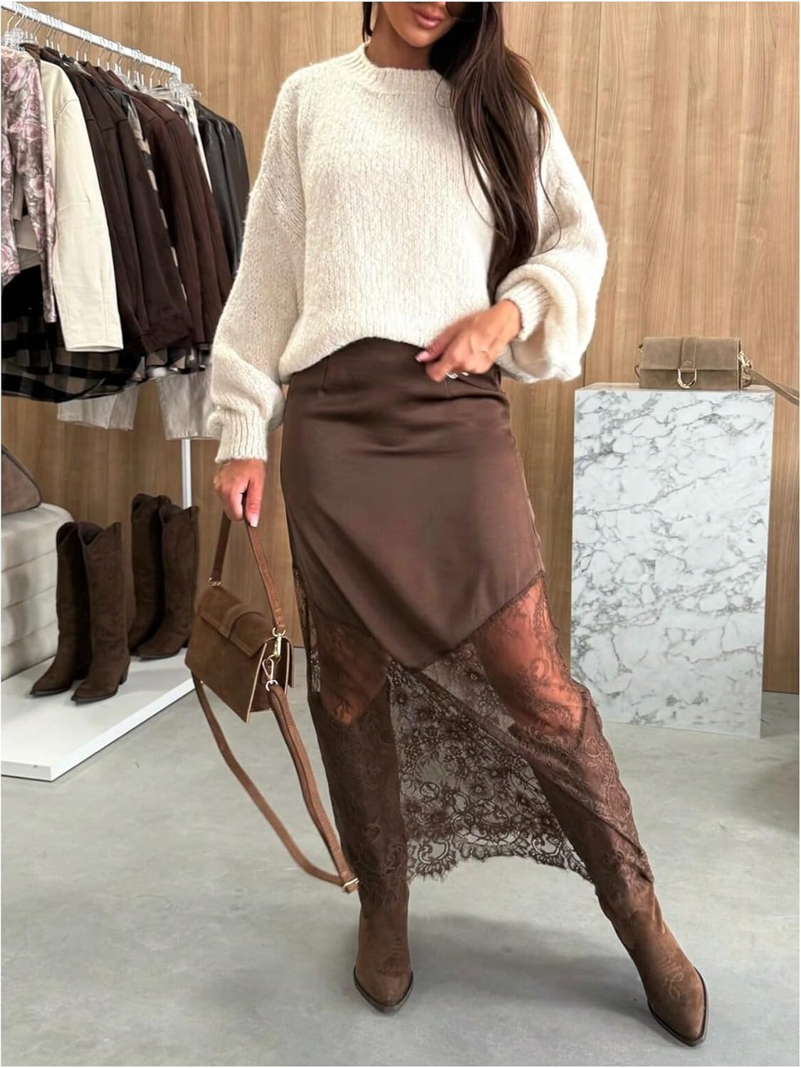 GORGLITTER Women's Plus Size Lace Skirt Patchwork Sheer Mesh High Waist Boho Western A-Line Going Out Party Maxi Skirts