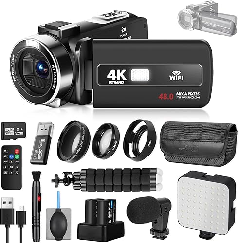 Videocámara 4K 60FPS con pantalla abatible, videocámara con control WiFi e IR, grabadora de zoom de 18x, kit de cámara de vlogging digital IR para