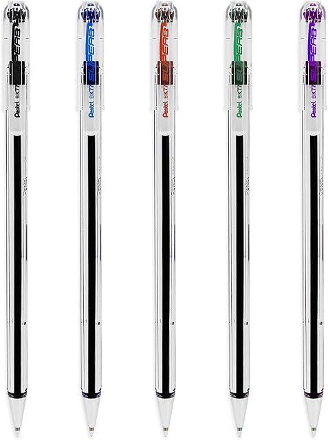PENTEL SUPERB BK77 PACK OF 5 - BLACK, BLUE, RED, GREEN, VIOLET BALL POINT PENS. 0.7mm TIP