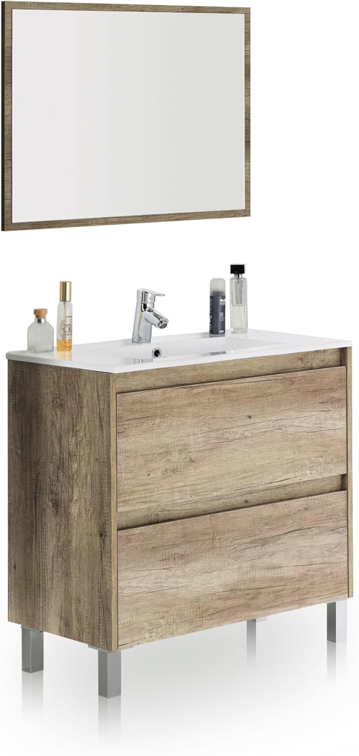 duehome | Mueble de Baño con 2 Cajones y Espejo, Modelo Thai, Acabado en Nordik, Medidas: 80 cm (Ancho) x 80 cm (Alto) x 45 cm (Fondo)
