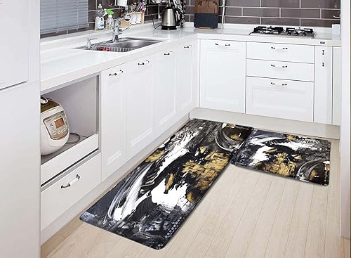 Vista 22 de TOMWISH - Tapetes de cocina para piso, color turquesa, gris, abstracto, pintura artística, 17 x 48 + 17 x 24 pulgadas, juego de alfombras de cocina