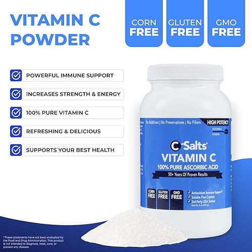 Miniatura 5 de C-Salts Polvo de ácido ascórbico puro, suplemento en polvo de vitamina C 100% pura de alta dosis para apoyo inmunológico, bebida en polvo sin azúcar