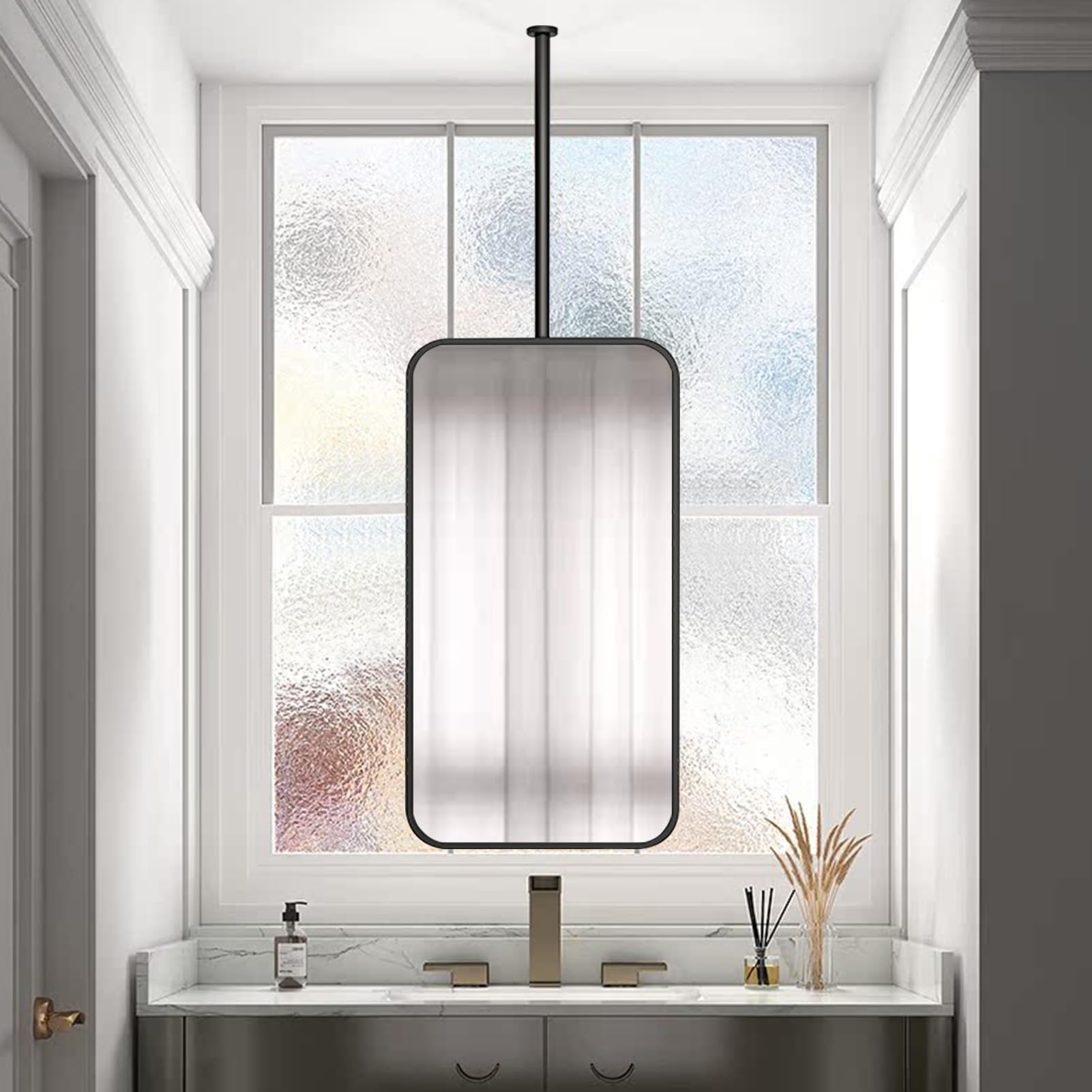 FGXHHS Black Wall Mirror with Rectangle Frame, Floating Hanging Rod on the Ceiling, Bathroom Vanity Makeup Mirrors Decorative - Customizable Boom(50cmx70cm)