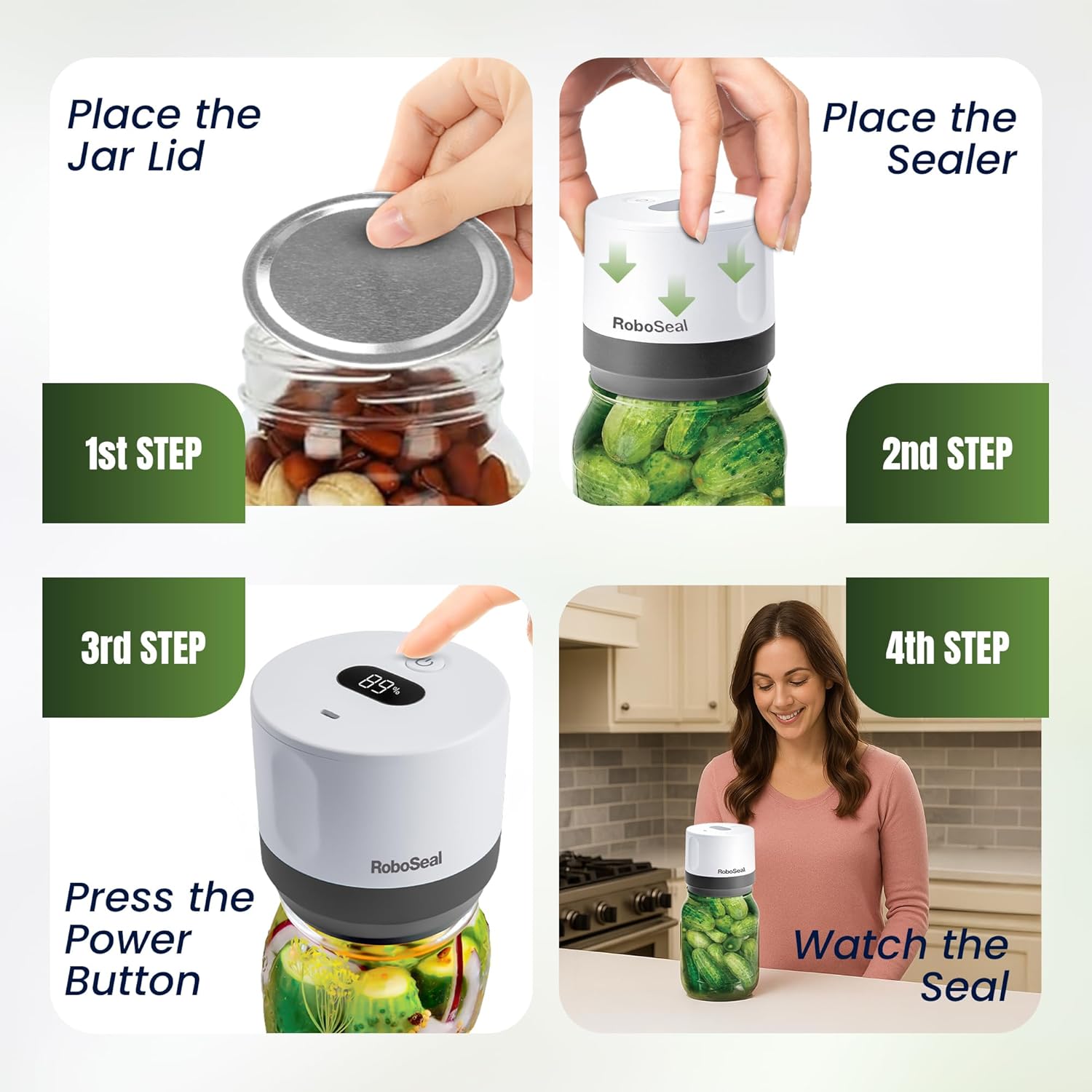 RoboSeal Rechargeable Mason Jar Vacuum Sealer for Mason Jars Wide & Regular Mouth, One Touch Operation Canning, 50 Jar Lids & Jar Opener Included, Digital Battery Indicator, Preserves Foods 5x Longer