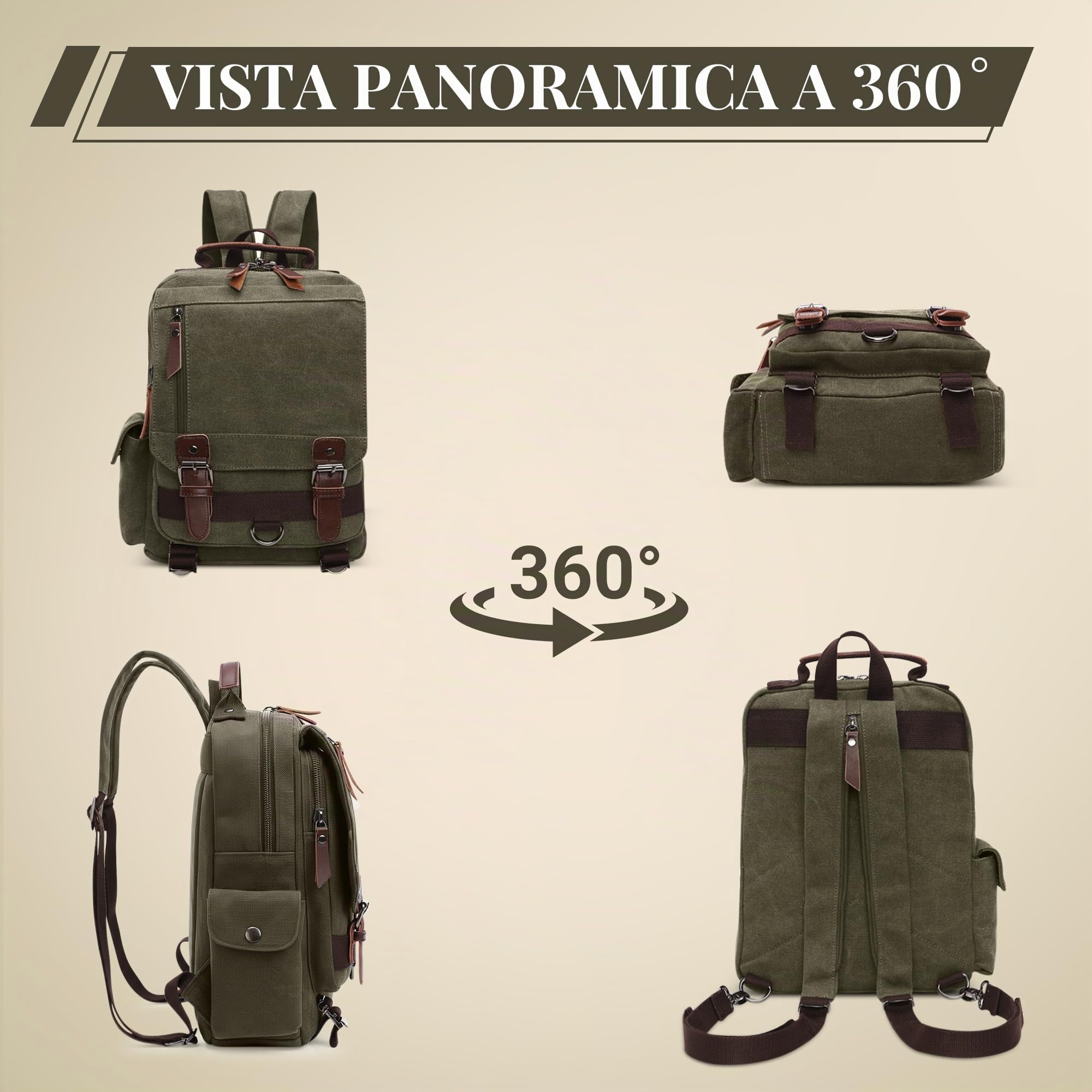 Uomo Zainetto Moda Tela Zaino Borsa a Tracolla Convertibile per 12.9 Pollici iPad Università Zaino Casuale Viaggio Scuola Quotidiano Lavoro Messaggero Sacchetto Uomo Vintage Backpack Verde