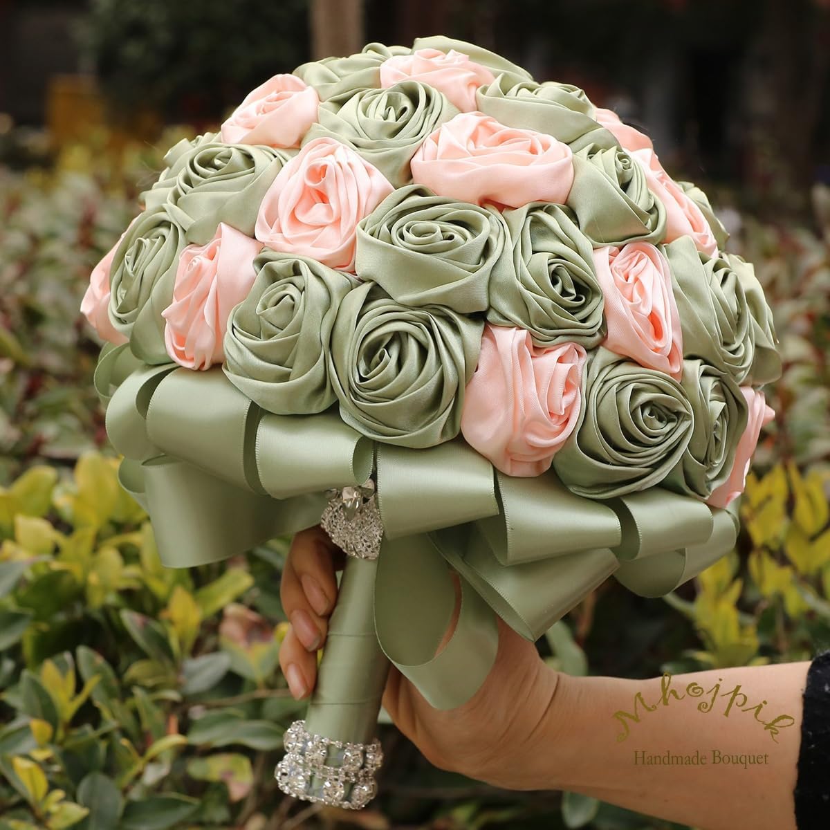 Handmade Wedding Flowers Bouquet Round Holding Bridal Bouquet Toss Artificial Rose Bunch for Bride Bridesmaid Wedding Quinceanera (Sage Green & Light Salmon Pink, 6.3")