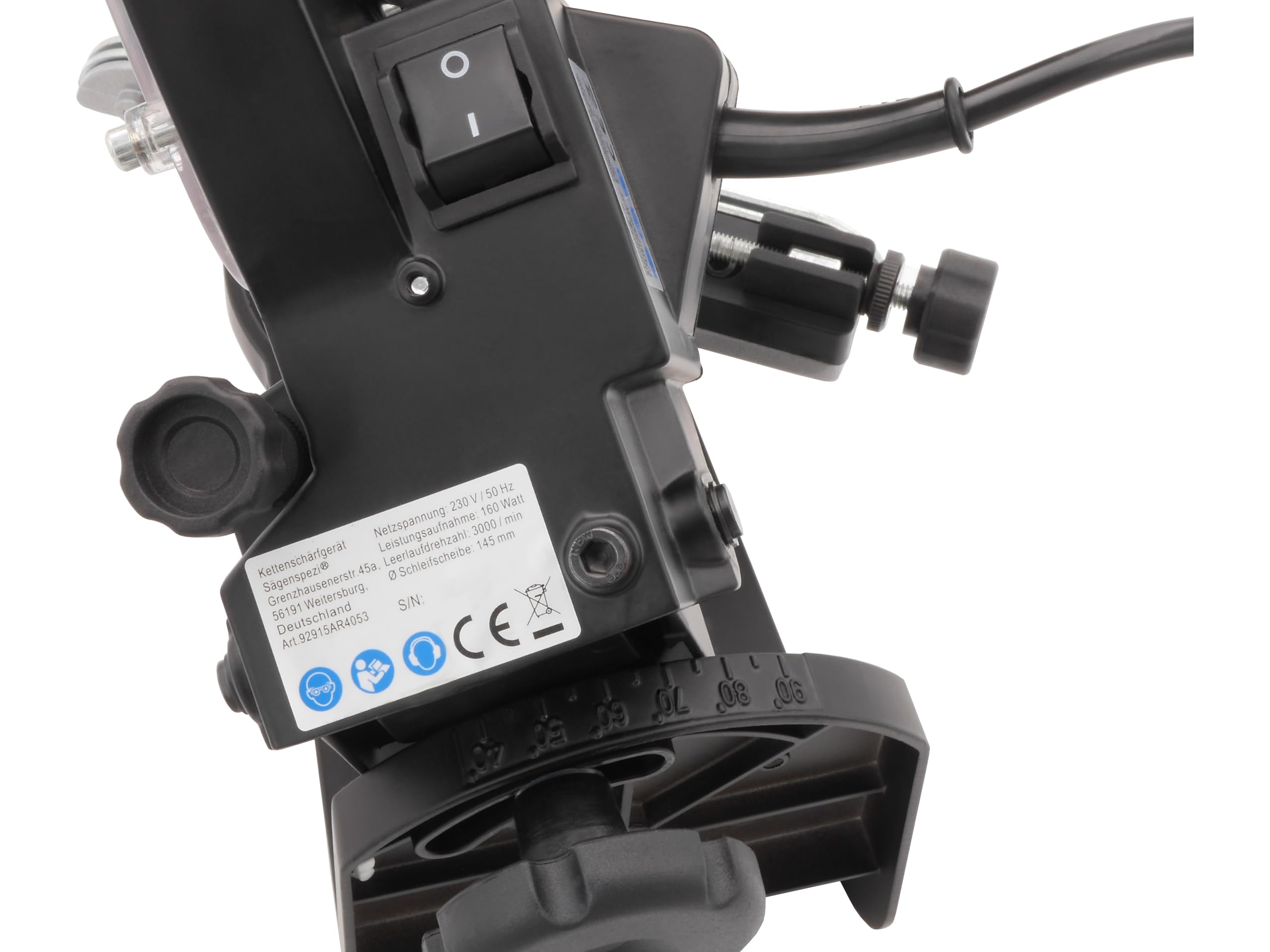 SÄGENSPEZI Afilador de cadenas de sierra Speed con 2 discos abrasivos, para 1/4 3/8 325 404, incluye material de fijación, ajuste de ángulo de afilado, luz de trabajo LED + - 30 grados