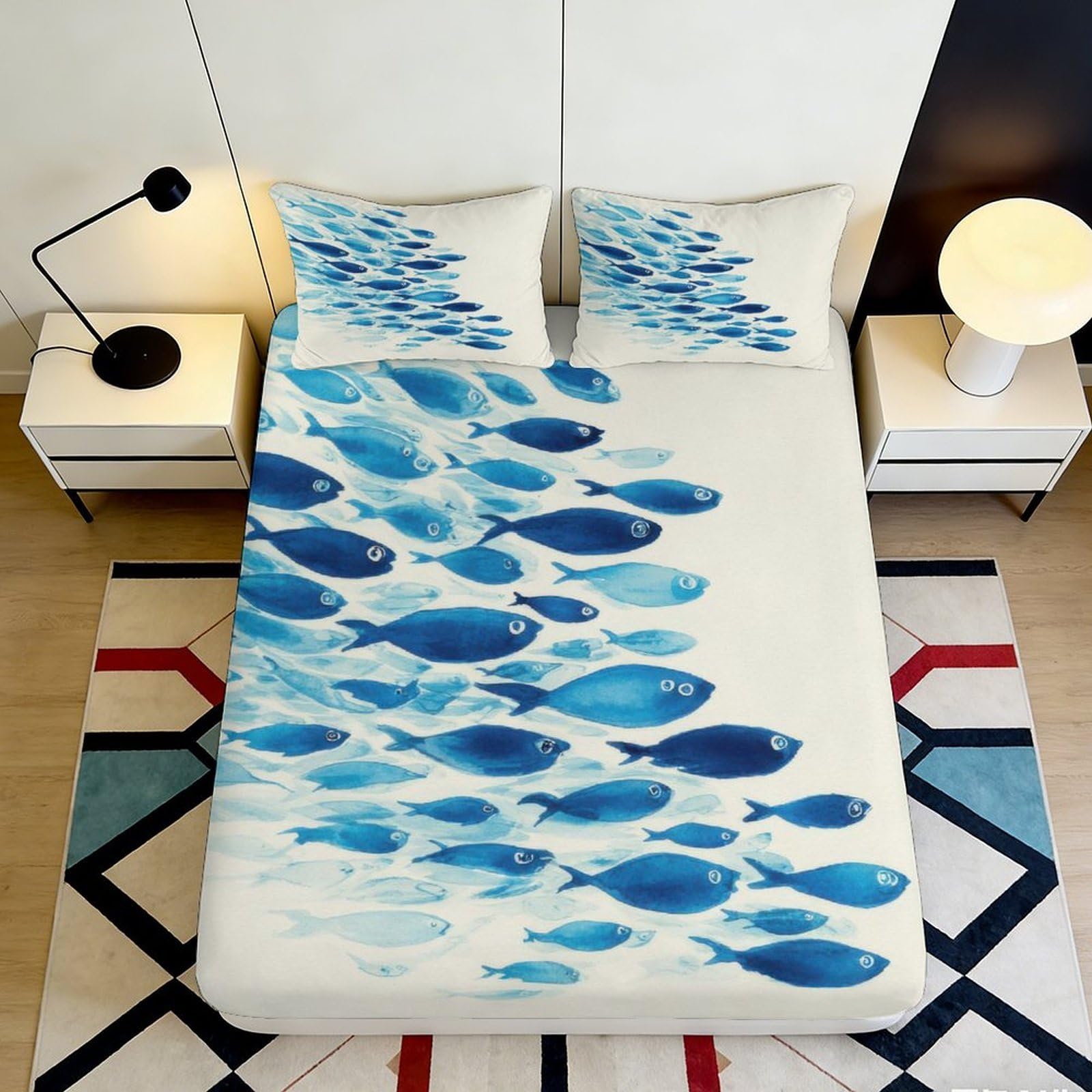 3D Printed Blue Fish Pattern Fitted Sheet Microfiber Soft Breathable School Dorm Bed Cover with Anti-Slip Mattress Cover for Teen Bedroom Decor 90x200x25cm