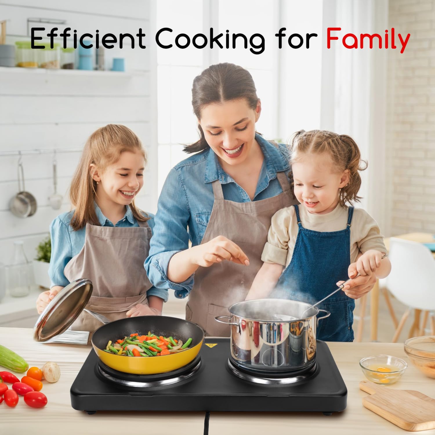 Aigostar Hornillo Electrico de 2500W, Cocina Electrica Portatil, con 2 Quemadores de 185mm y 155mm de Diámetro, Termostato Ajustable de 5 Niveles, Almohadilla Antideslizante, Adecuada Para Acampar