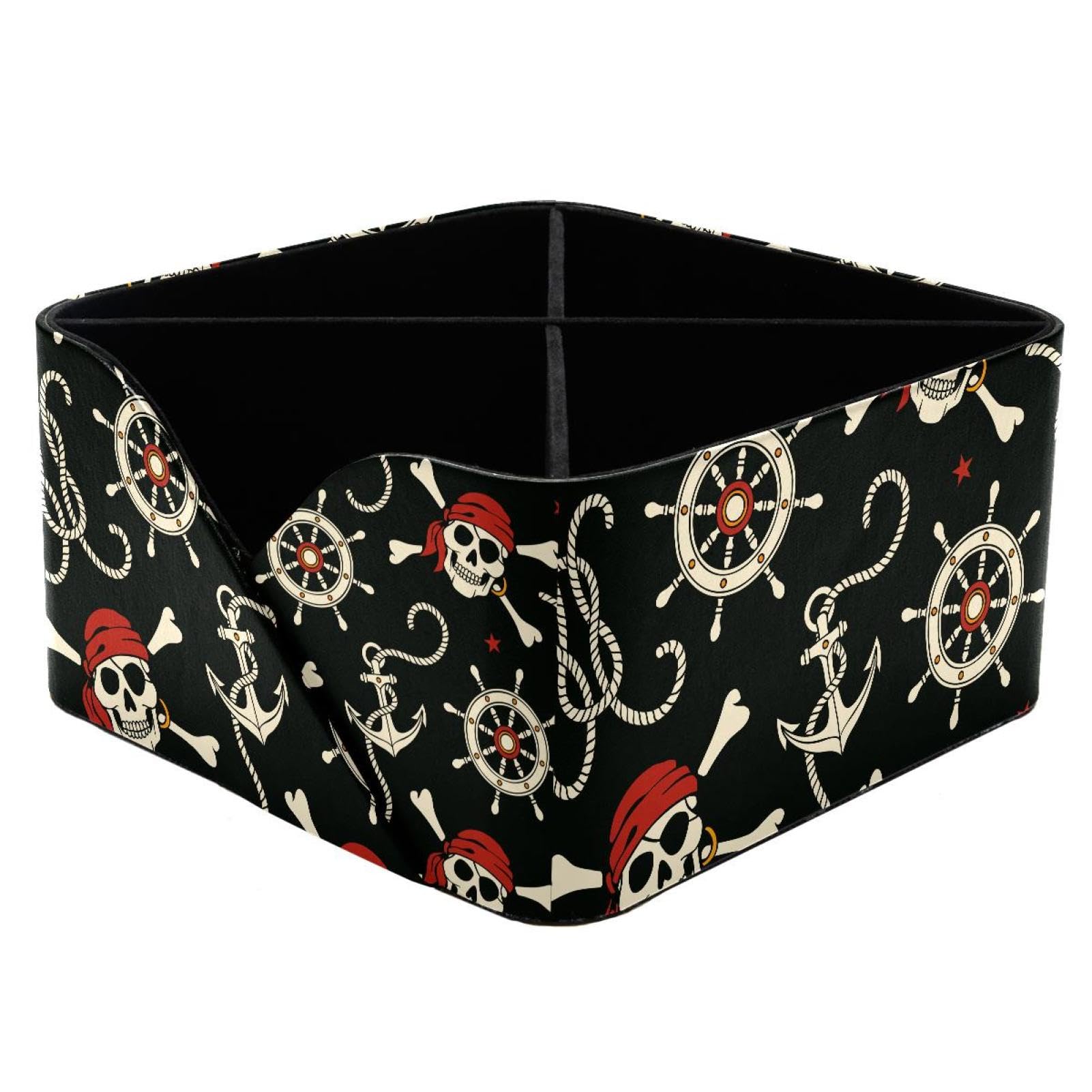 KengjuTesu Pirates Skull Anchor Stars Pattern Desktop Organizer Pen Holder, Rectangular Pencil Cup for Office, Study and Makeup Stations