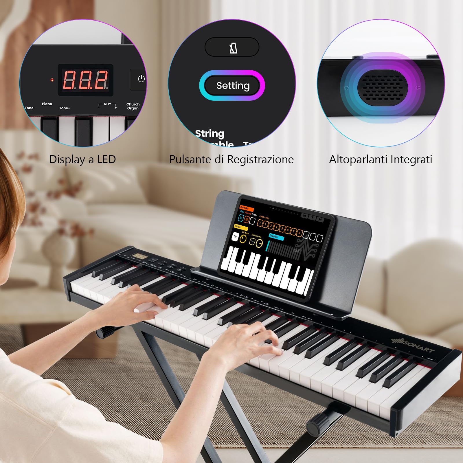GYMAX Pianoforte Digitale 61 Tasti, Tastiera con Supporto e Sgabello Regolabili, Tasti Semi-Pesati, Funzione MIDI Audio Wireless, Leggio per Musica, Pedale Sustain e Borsa, Nero