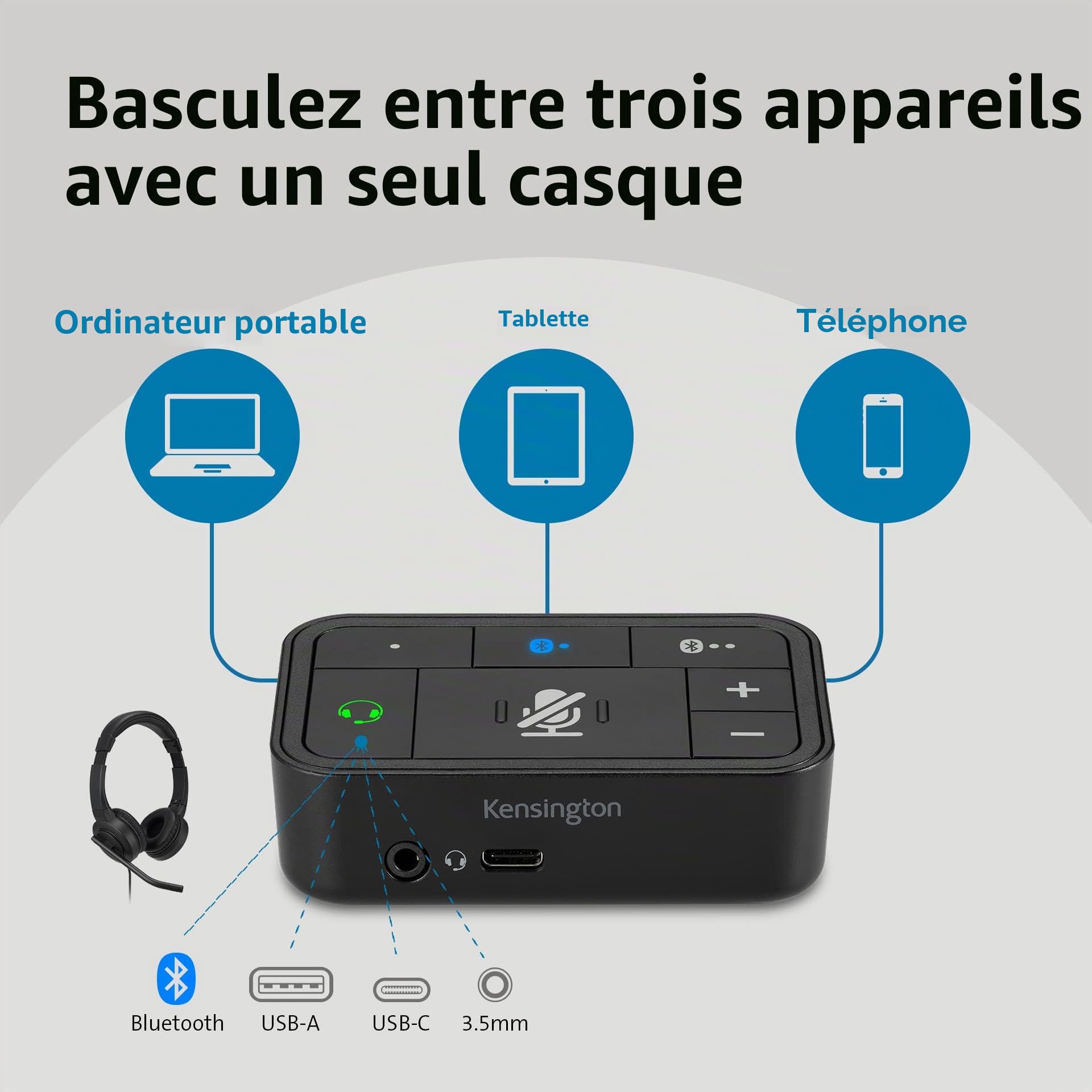 Kensington - Switch Audio USB 3-en-1, Commutateur Universel pour Casque Audio, Idéal pour Gérer des Appels & le Télétravail, Compatible avec Windows & Mac (K83300WW)