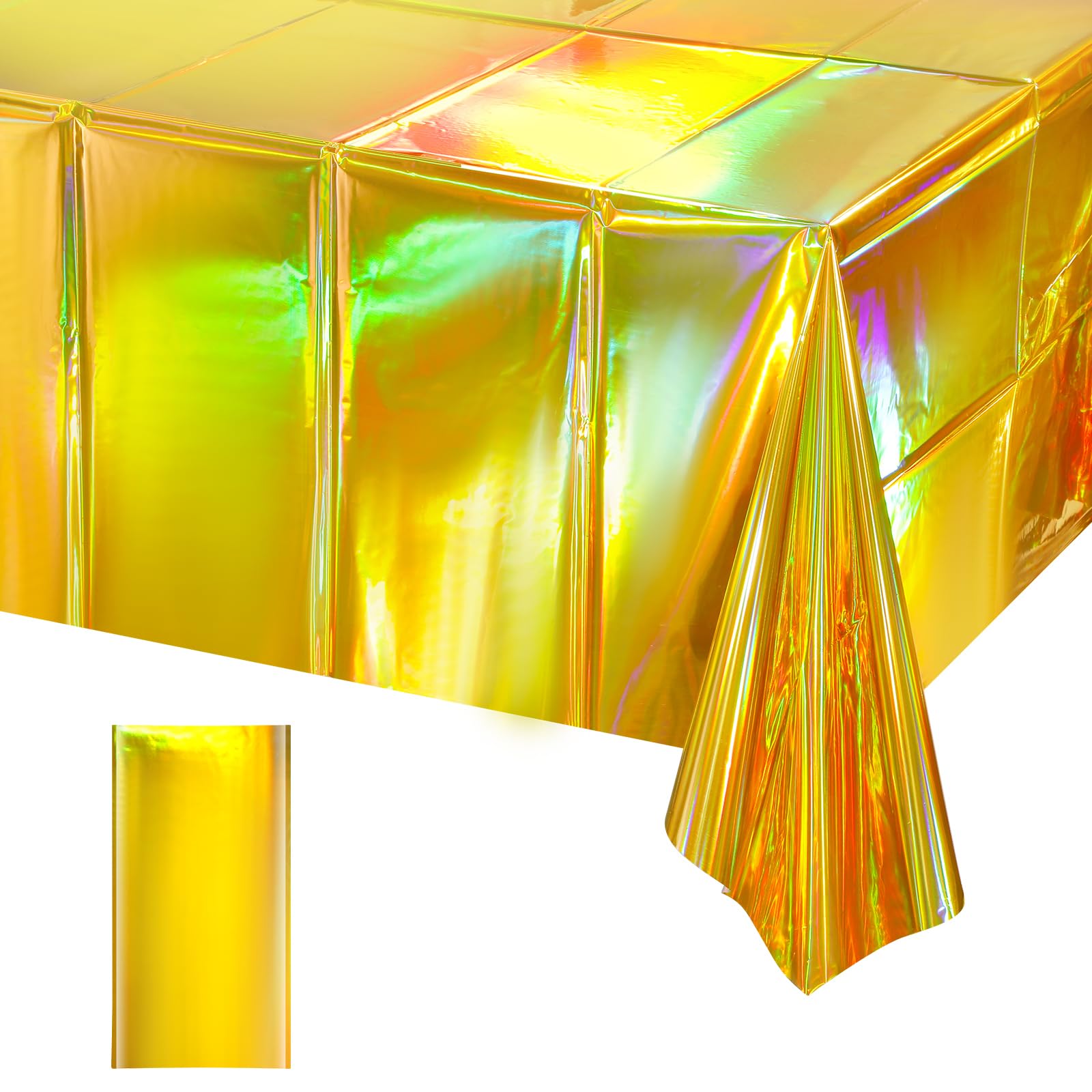 1 Pack Gold Iridescent Plastic Tablecloths Shiny Disposable Laser Rectangle Table Covers Holographic Foil Tablecloth Iridescent Party Decorations Birthday Bridal Wedding Christmas, 54 x 108 Inch