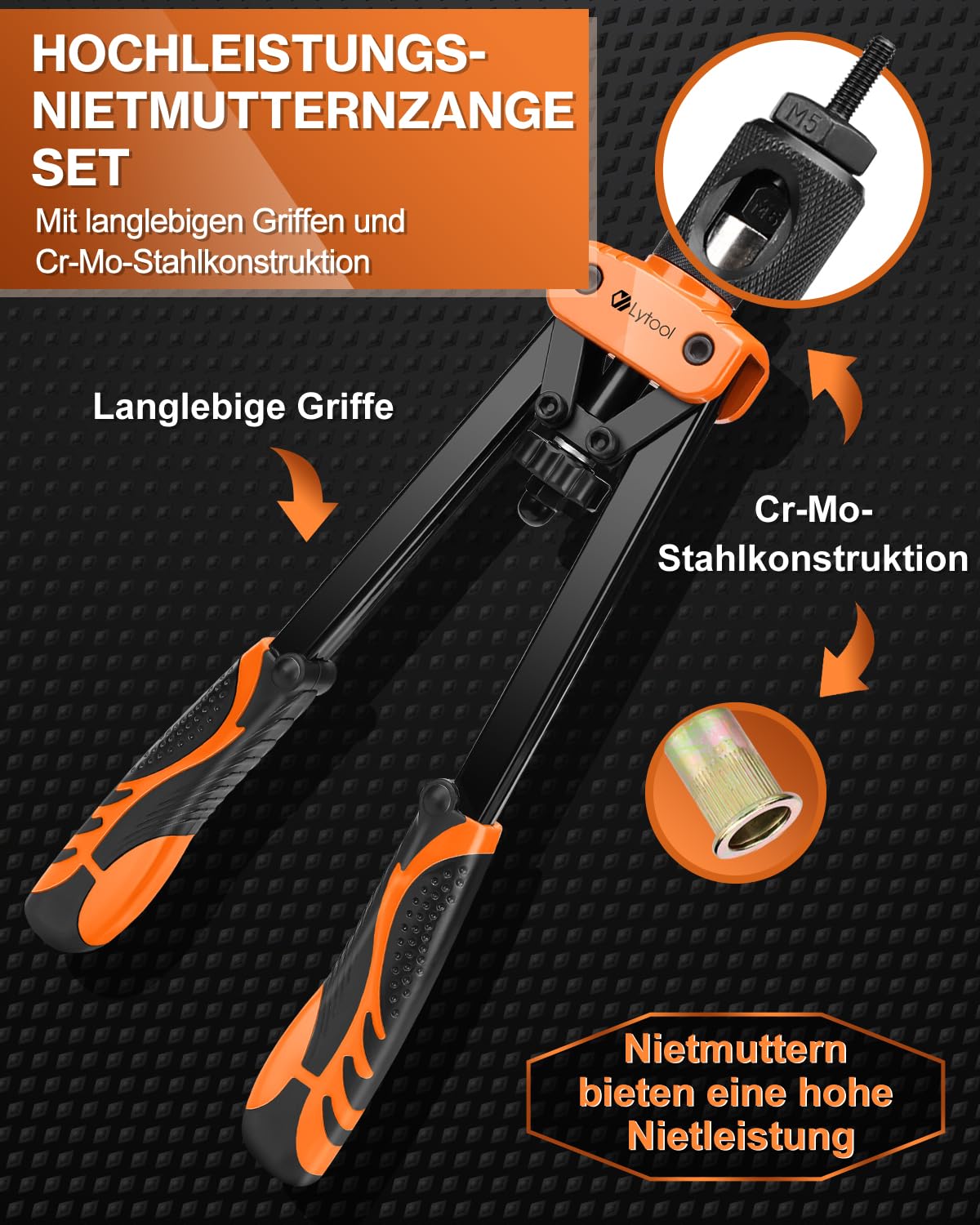 Nietmutternzange Set, Lytool Blindnietmutternzange mit 205 Stk. Nietmuttern in 6 Größe Dorne Nietmaschine Gewinde Nuss Nieten