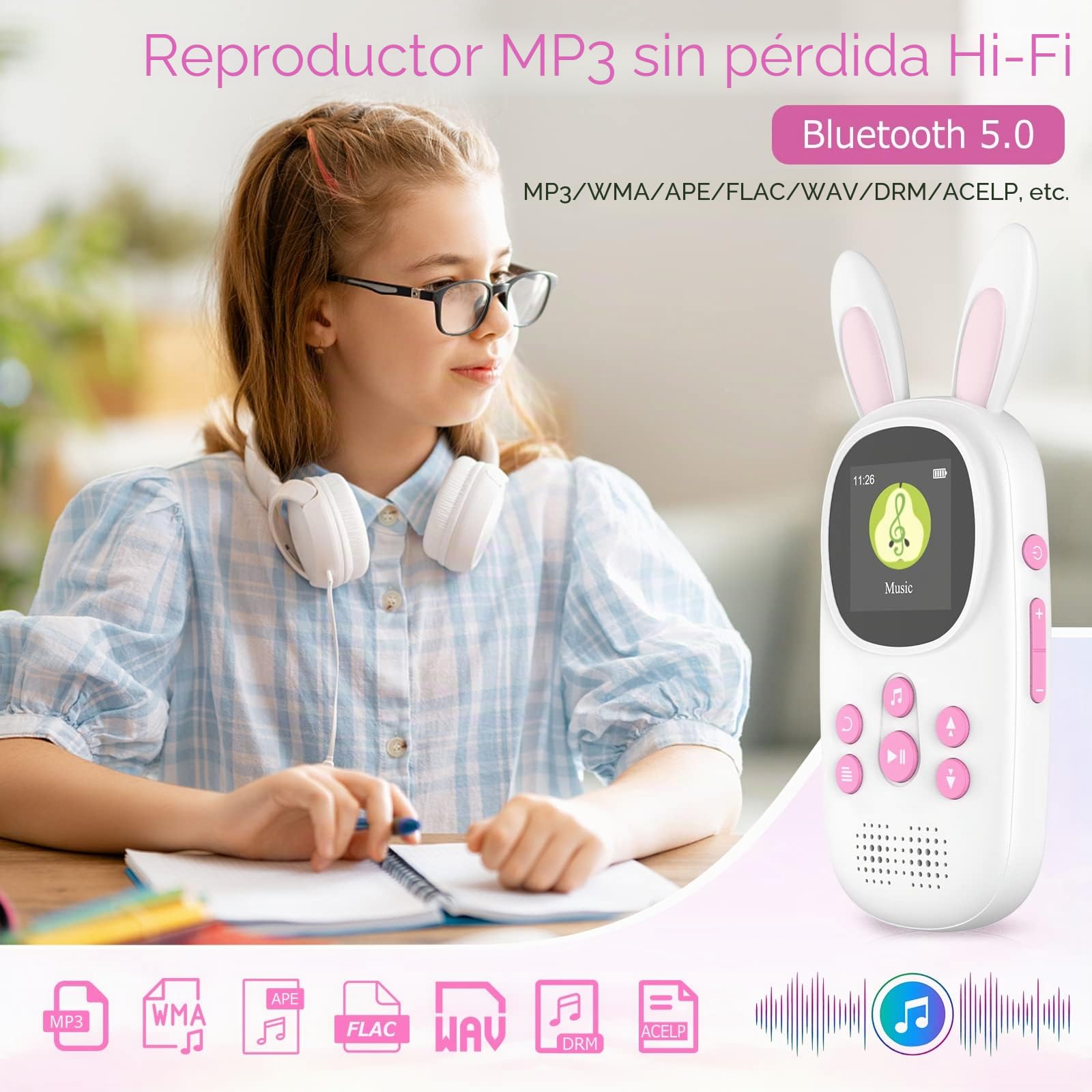 32GB Reproductor MP3 de para niños, Lindo Conejito MP3 Reproductor con Bluetooth, Música MP3 con Altavoz, MP3 Player con Radio FM, grabaciones, Alarma. soporta hasta 128 GB
