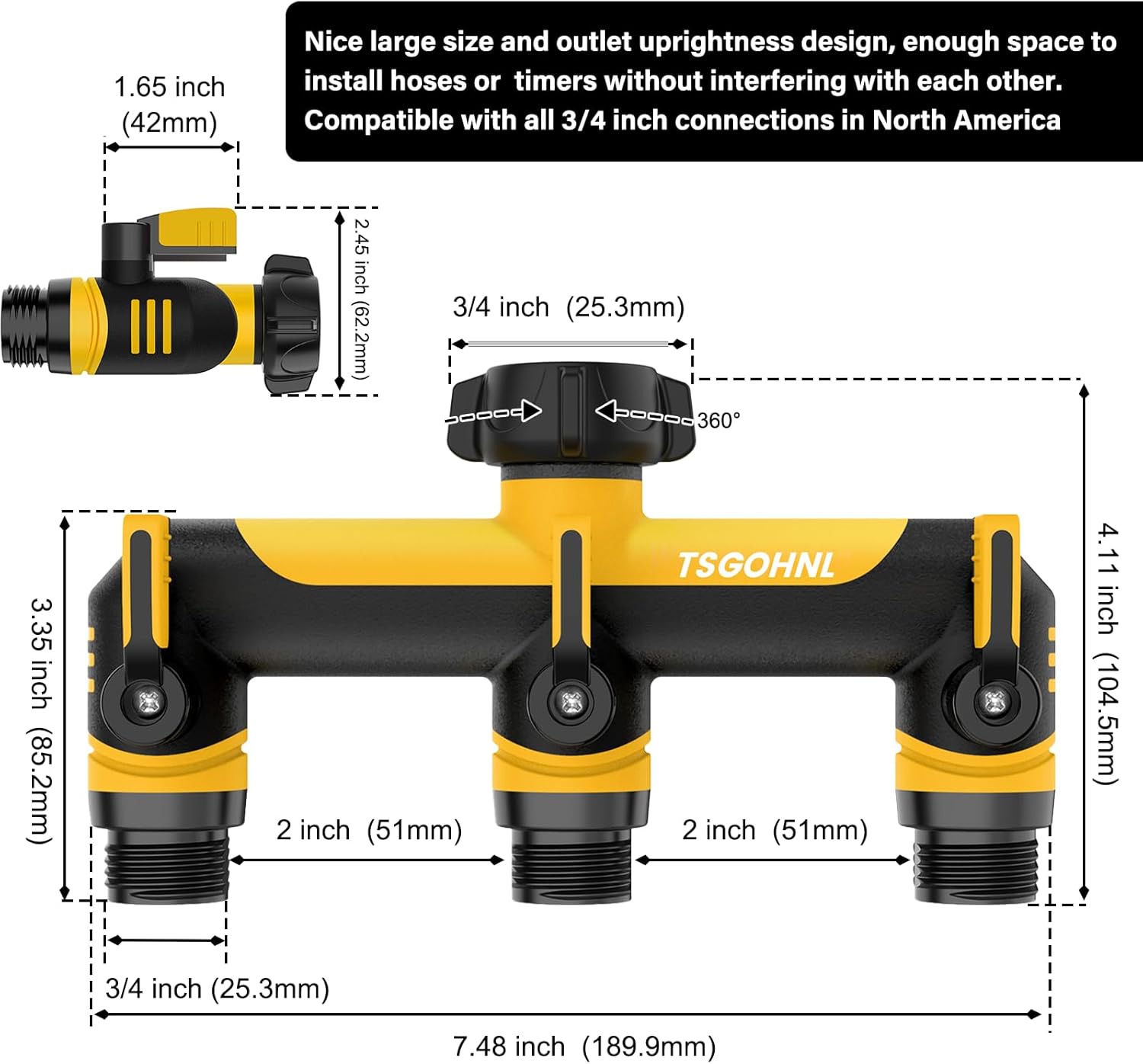3/4-Inch Garden Hose Splitter, Outdoor Faucet Adapter, Patio Hydrant Manifold - Designed for Multiple Irrigation System Sprinkler Timers, 3-Way Hose Bib Valve-Yellow