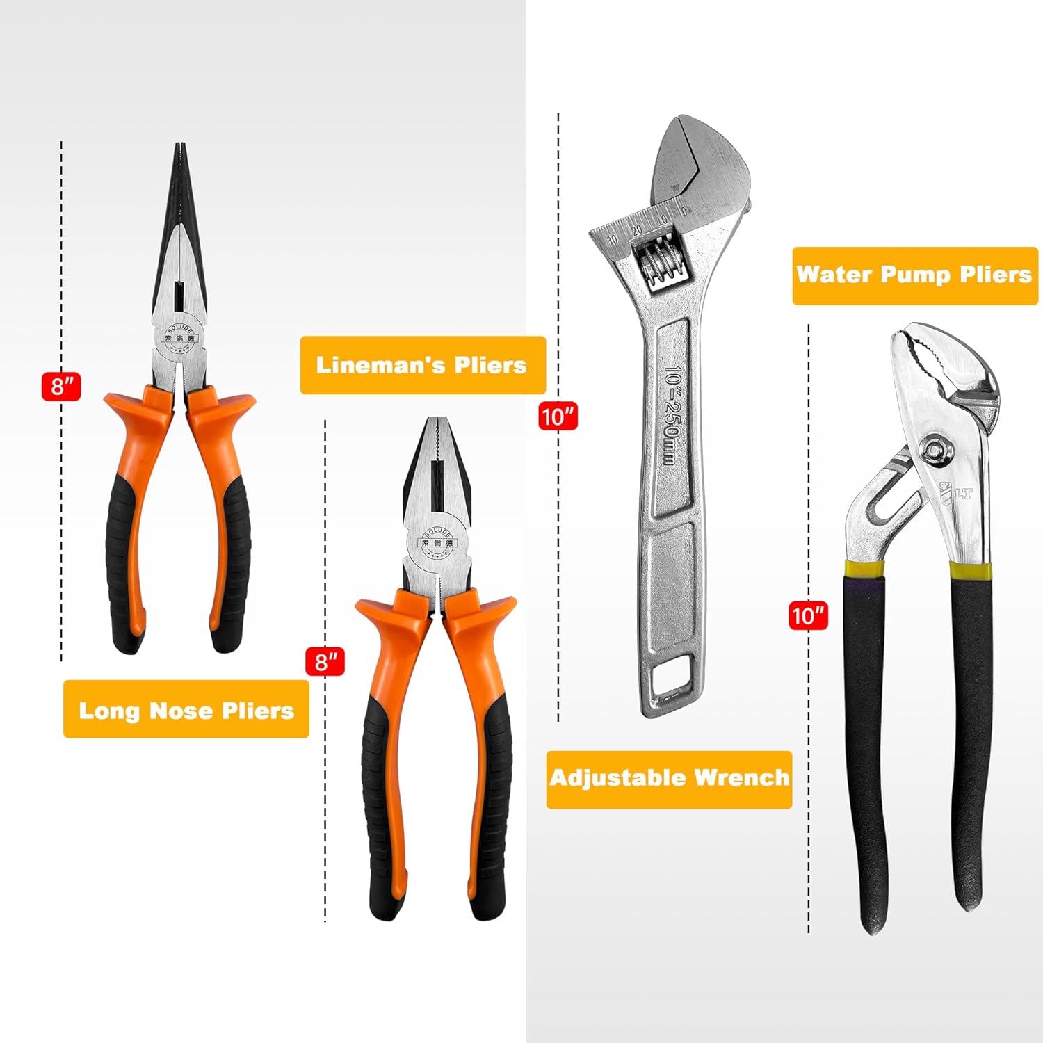 SOLUDE 4-Piece Large Pilers and Wrench Set,10 Inch Groove Joint Pliers and Adjustable Wrench with 8 Inch Long Nose and Lineman's Pliers for Home Use and DIY Project