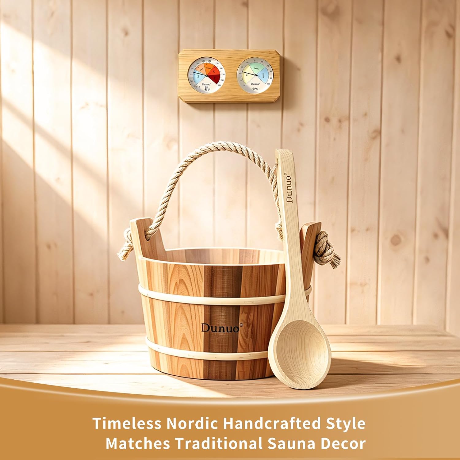 Red Cedar 3PCS Sauna Kit, Bucket & Ladle with Thermometer Hygrometer image 5