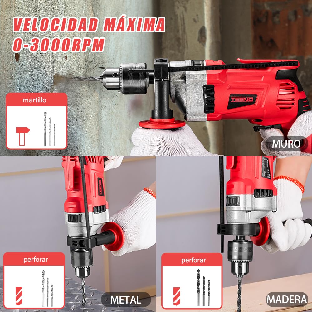 TEENO Taladro de percusión con cable 910 W, martillo perforador eléctrico 0-3000 rpm con 38 accesorios, mango giratorio de 360°, velocidad variable, mandril de metal de 13 mm, funda de transporte