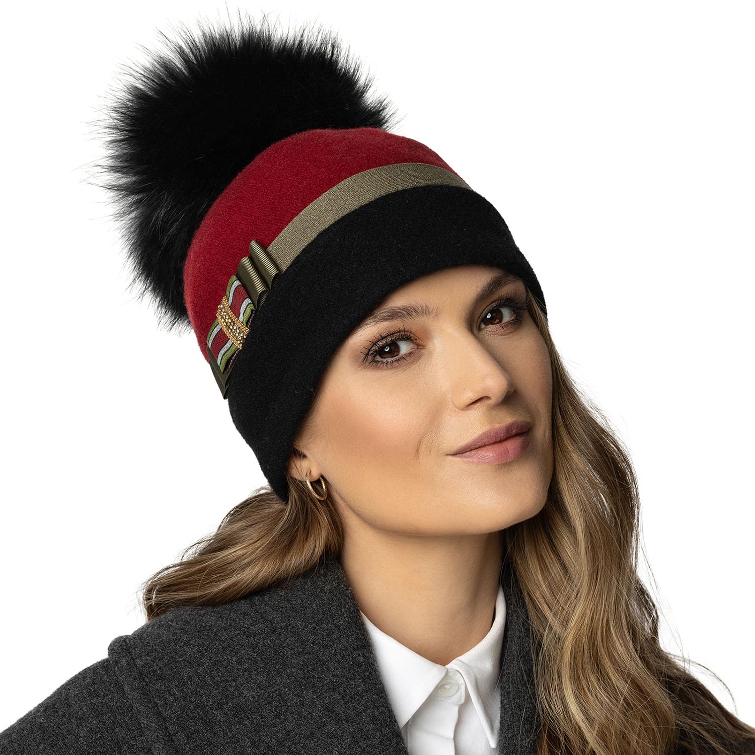 Vivisence Gorro De Las Mujeres Otoño Invierno De Lana Virgen Hecho A Mano con Pompón Extraíble Lazo Decorado con Circonitas Doradas Forro Polar Cálido Y Detalles Bordados A Mano Enviados En Caja 7082
