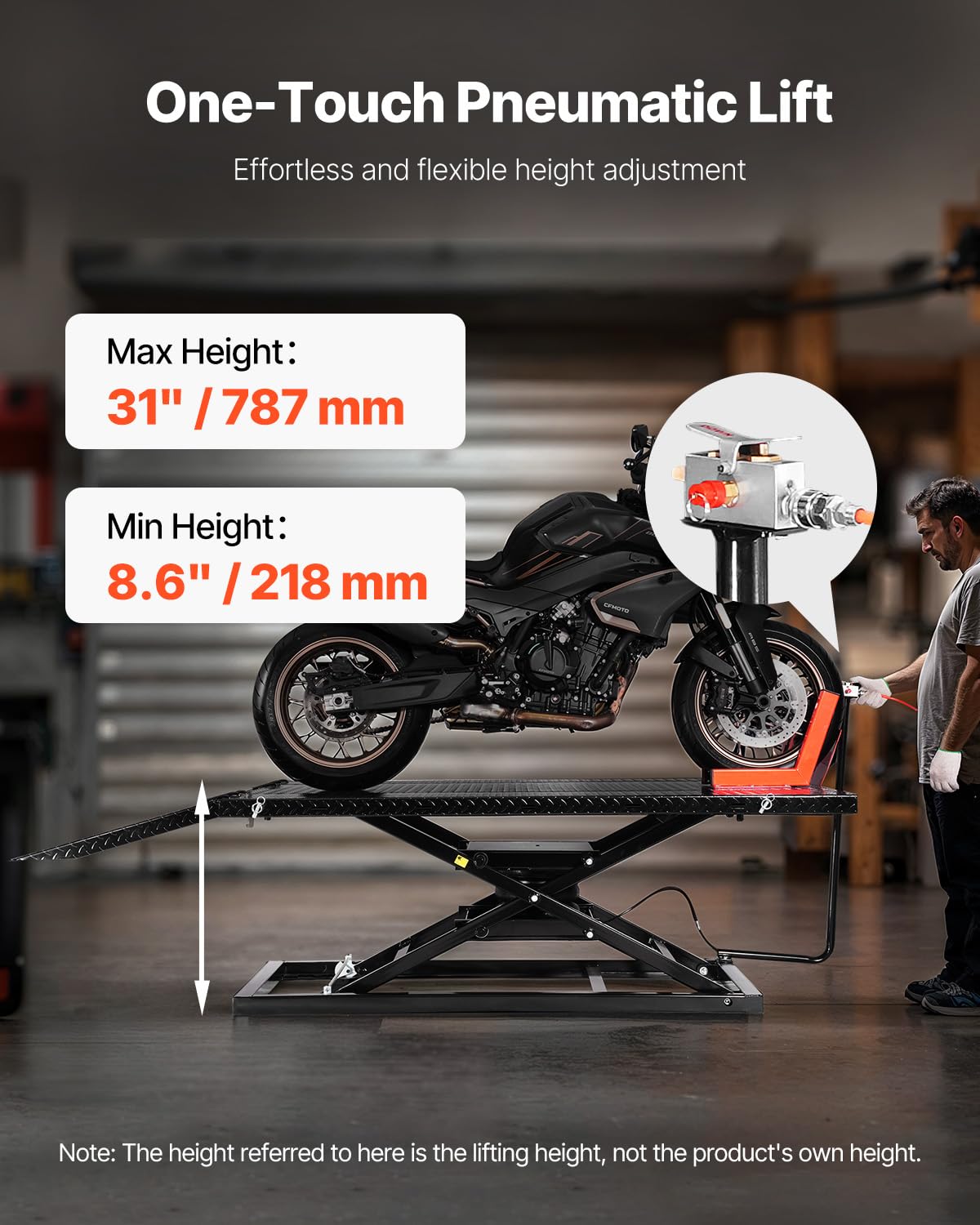VEVOR Podnośnik motocyklowy z regulacją wysokości, ze zdejmowanym stołem warsztatowym, pneumatyczna platforma do naprawy pojazdów (obciążenie 680 kg/maks. wysokość podnoszenia 940,2 mm) do rowerów