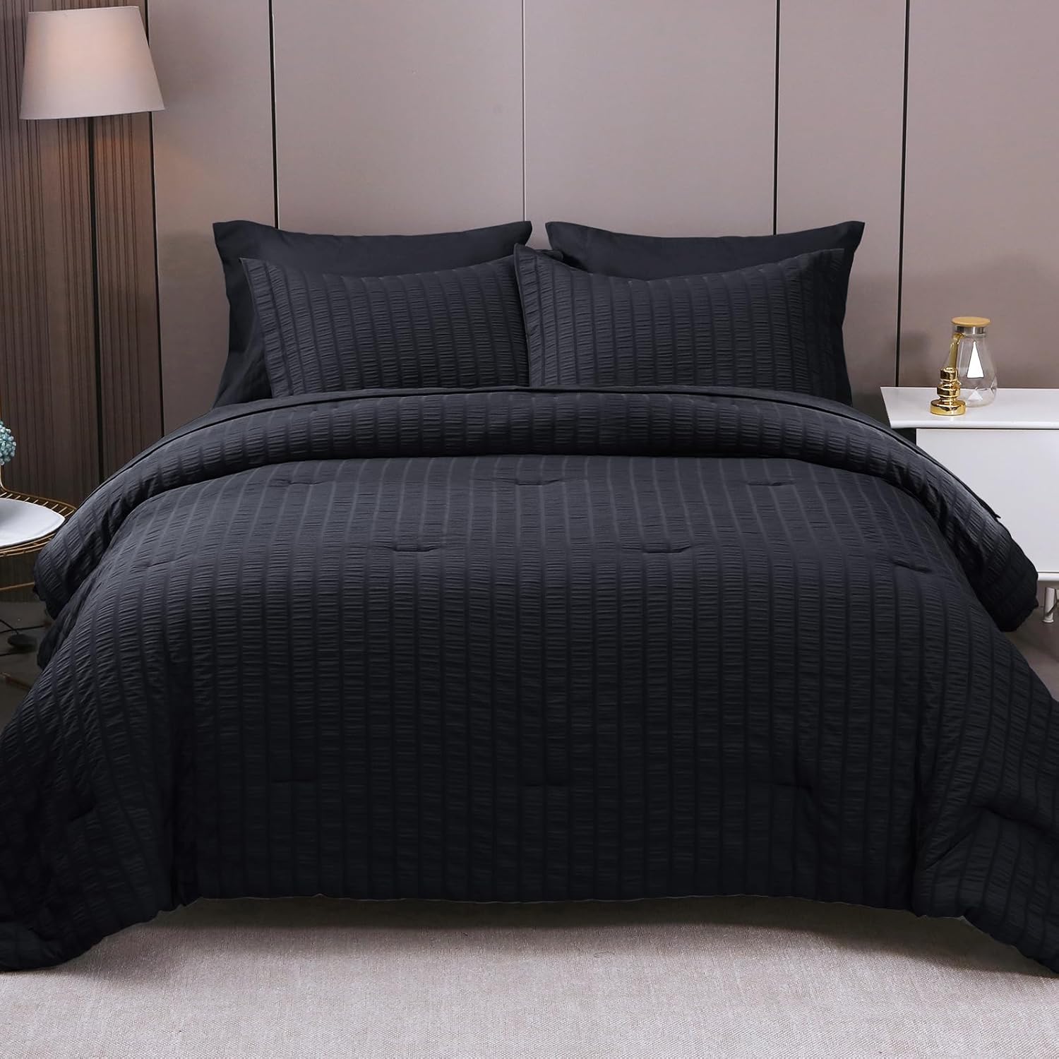 HYMOKEGE Black Queen Comforter Set Seersucker 3 Pieces