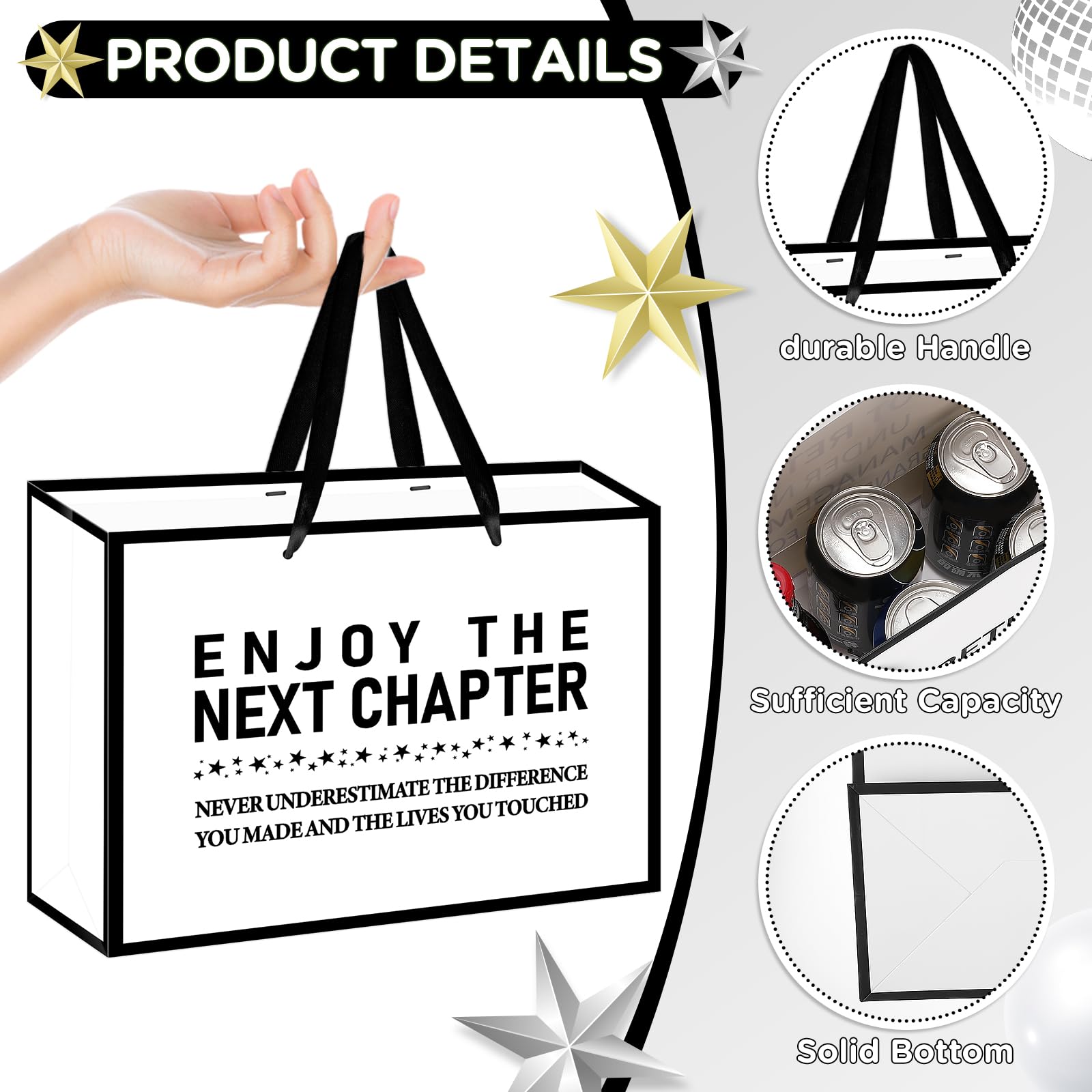 Yomaiha 1PC Retirement Gift Bag for Women Men Enjoy the Next Chapter Gift Bag with Tissue Papers and Card White Black Retirement Gift Wrapping Paper Bag for Farewell Going Away Party Supplies