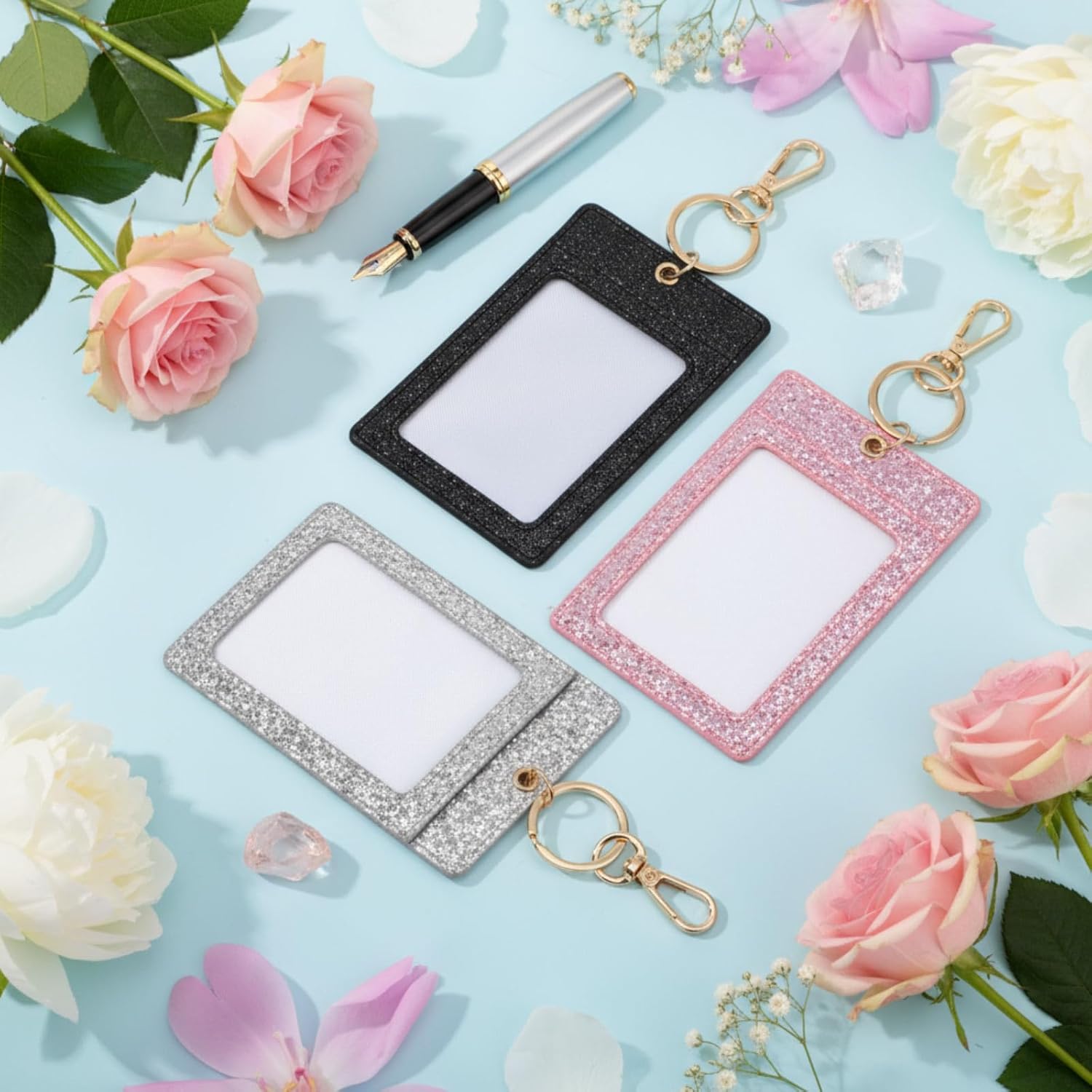 Weewooday 3 Pcs Multicolor Glitter ID Badge Holder with Clear Window Sparkling Badge Holder Key Chain Work Badges Reel Clip PU Leather Keychain Accessory for Nurse, Teacher, Student, Doctor, Women - Image 5