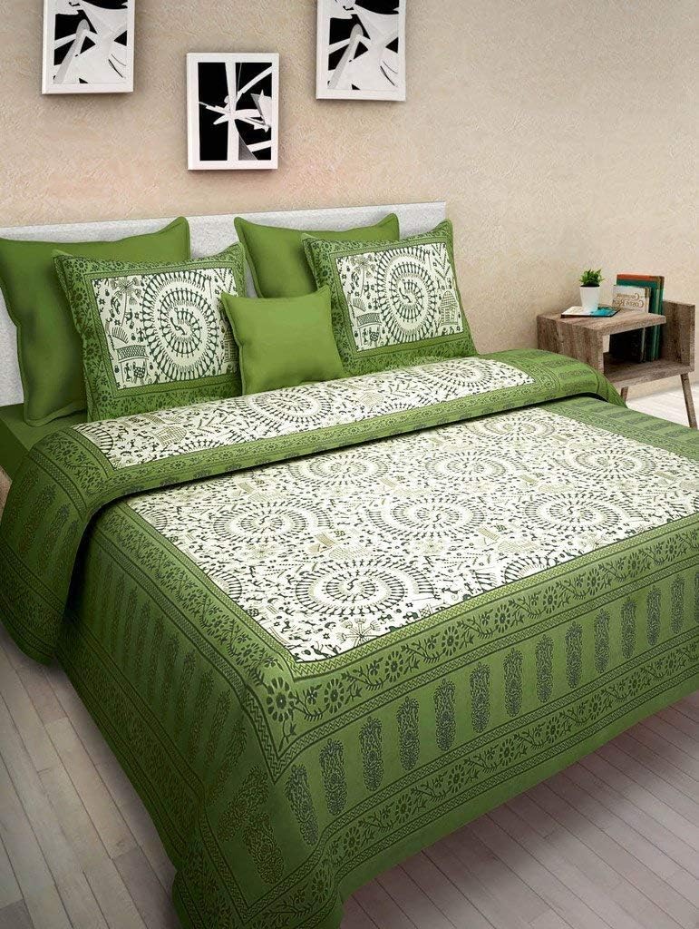 BedZoneBed Zone Cotton Comfort Rajasthani Jaipuri Traditional King Size 1 Double Bedsheets with 2 Pillow Covers_P85-Green