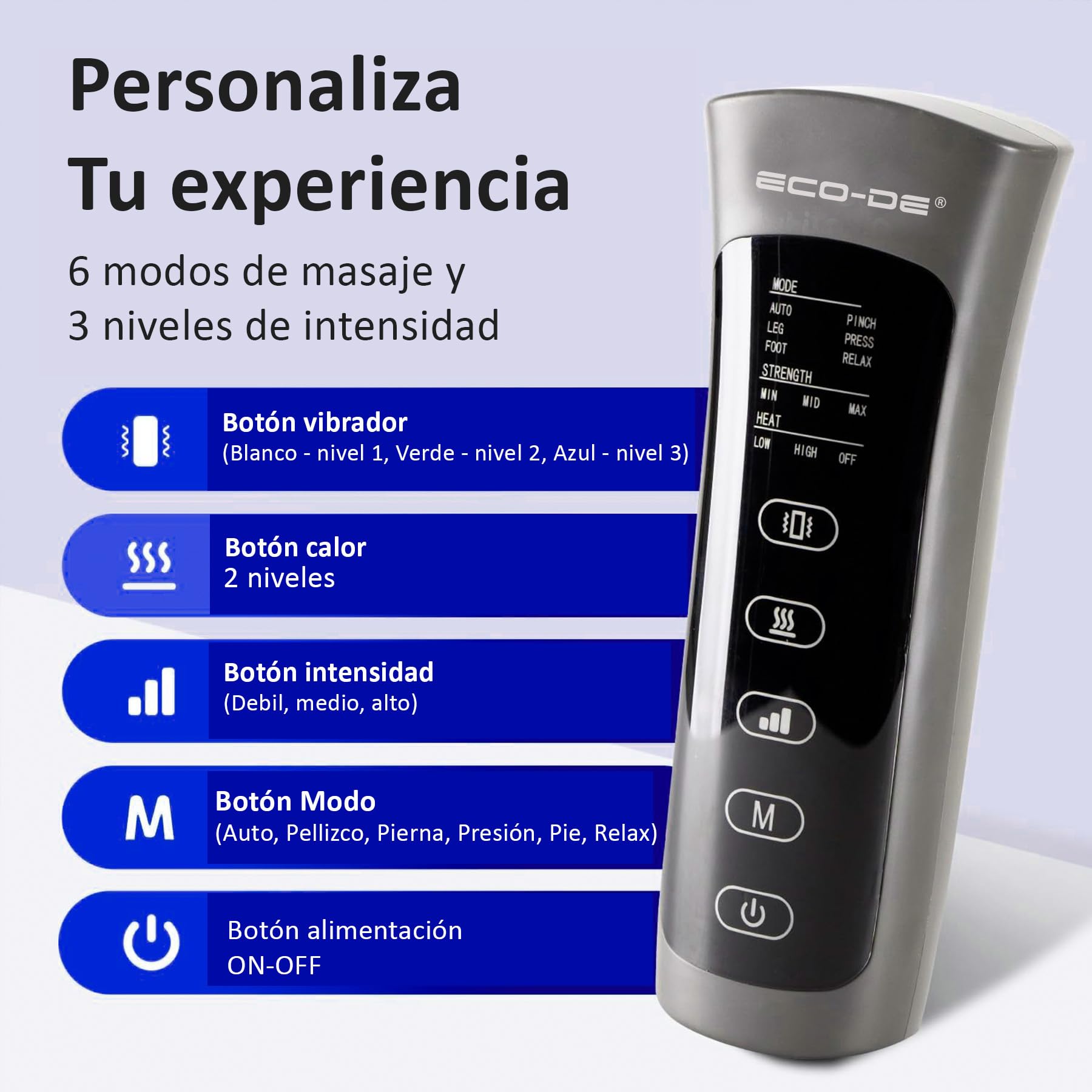 ECODE® Presoterapia para Piernas con 6 Modos, Calor, Vibración y Masaje - Botas Completas de Compresion para Alivio de Cansancio, Drenaje Linfatico, Relajación y Mejora de la Circulación en Casa