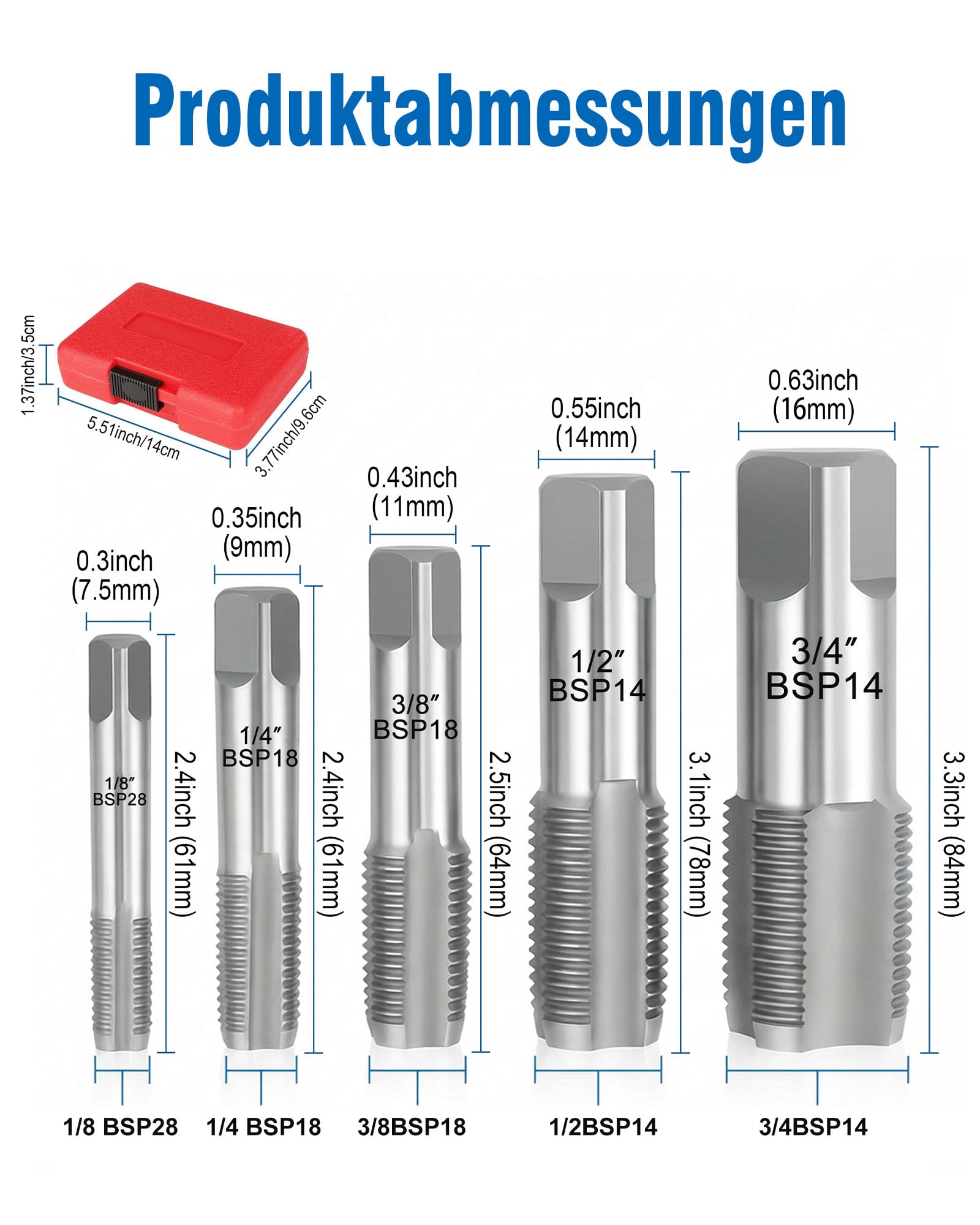 Set di 5 trapani per filettature di tubi BSP: 1/8 pollici, 1/4 pollici, 3/8 pollici, 1/2 pollici, 3/4 pollici filettatura interna ed esterna, utensile di riparazione per tubi metallici con