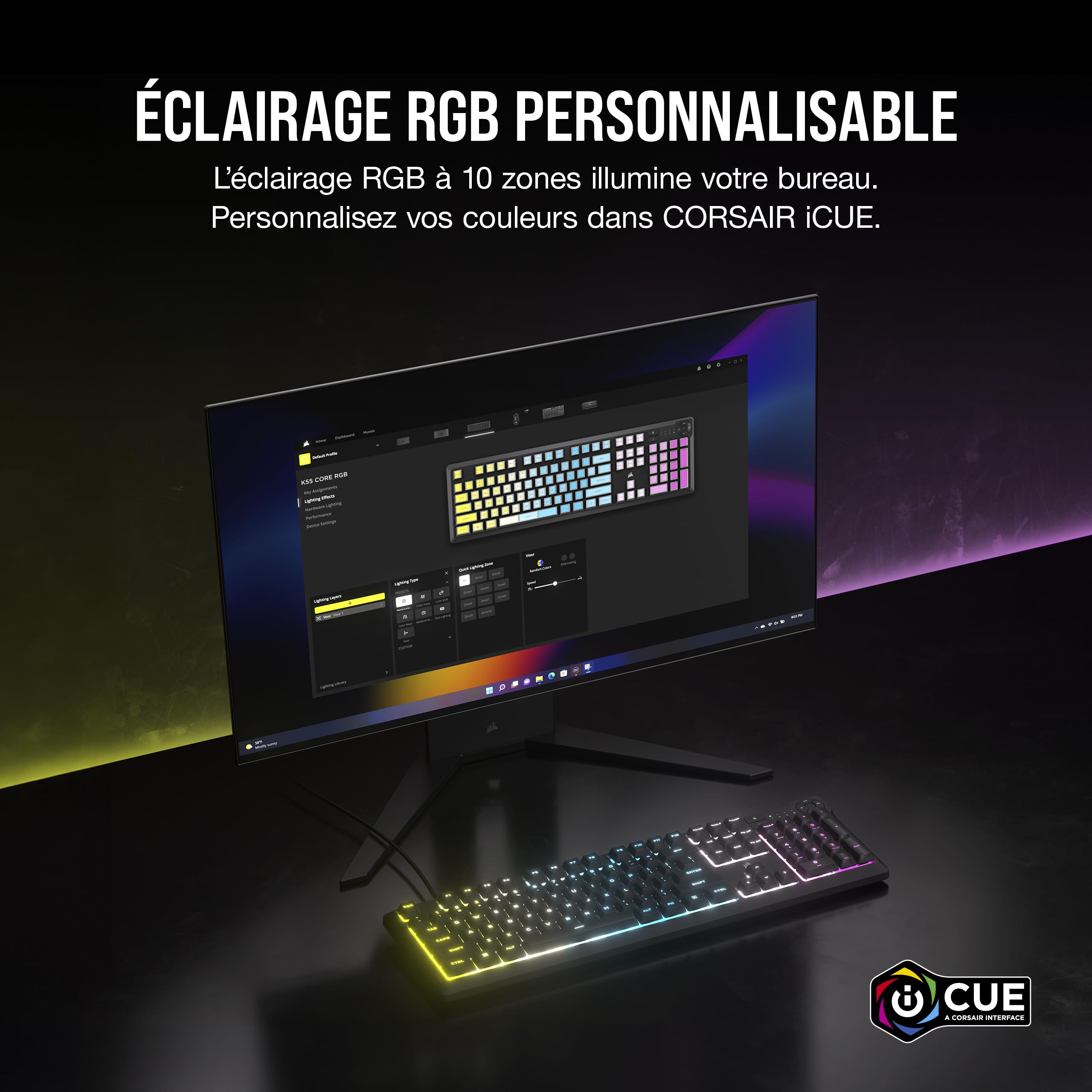 Corsair K55 Core RGB Clavier de Jeu Filaire à Membrane (AZERTY FR) – Noir | Commutateurs Réactifs, Résistance Aux éclaboussures, Ten-Zone RGB, Touches Multimédia, Compatible iCUE, PC, Mac